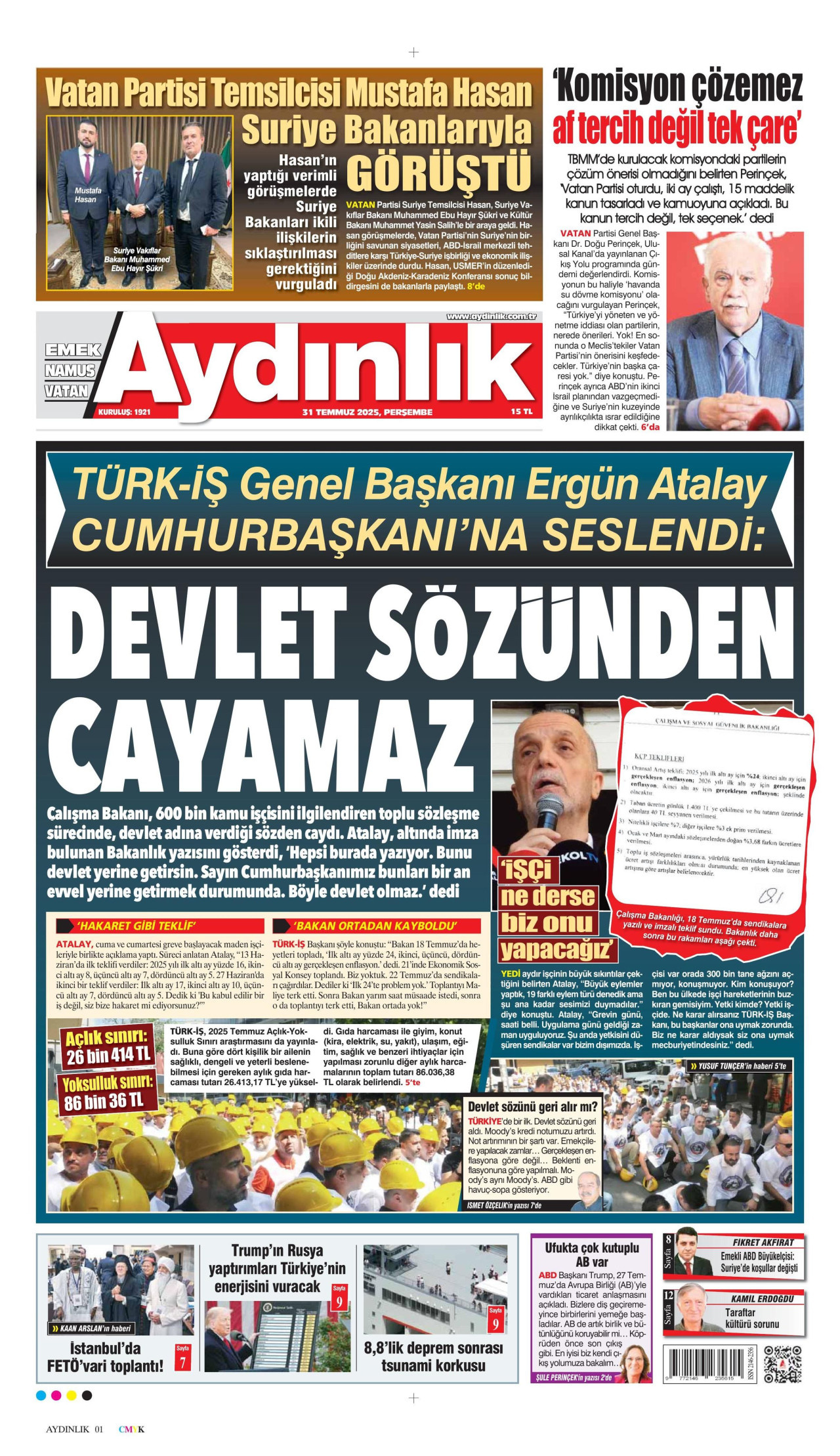 AYDINLIK GAZETESİ gazetesinin 31 Temmuz 2025 tarihli birinci sayfası