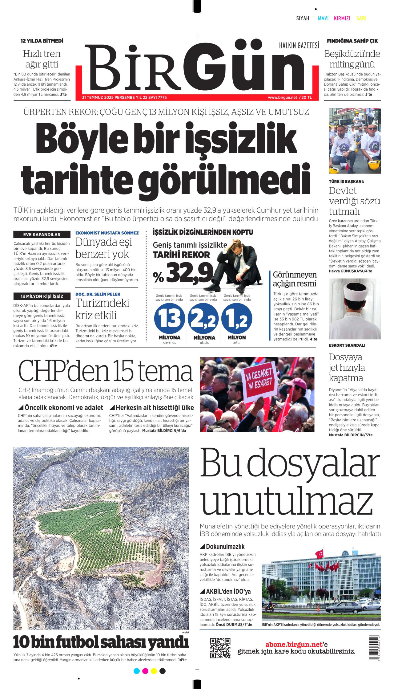 BİRGÜN gazetesinin 31 Temmuz 2025 tarihli birinci sayfası