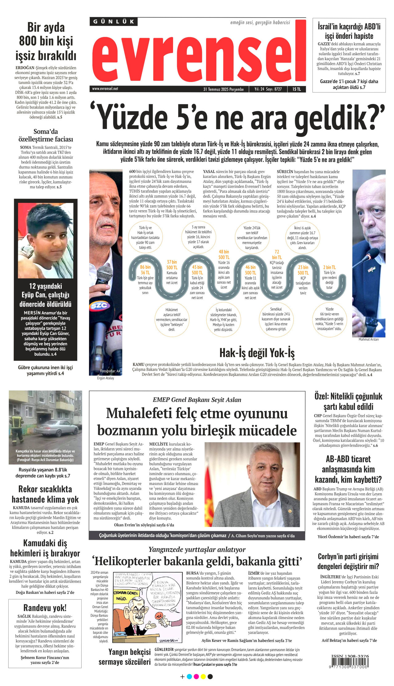 EVRENSEL gazetesinin 31 Temmuz 2025 tarihli birinci sayfası