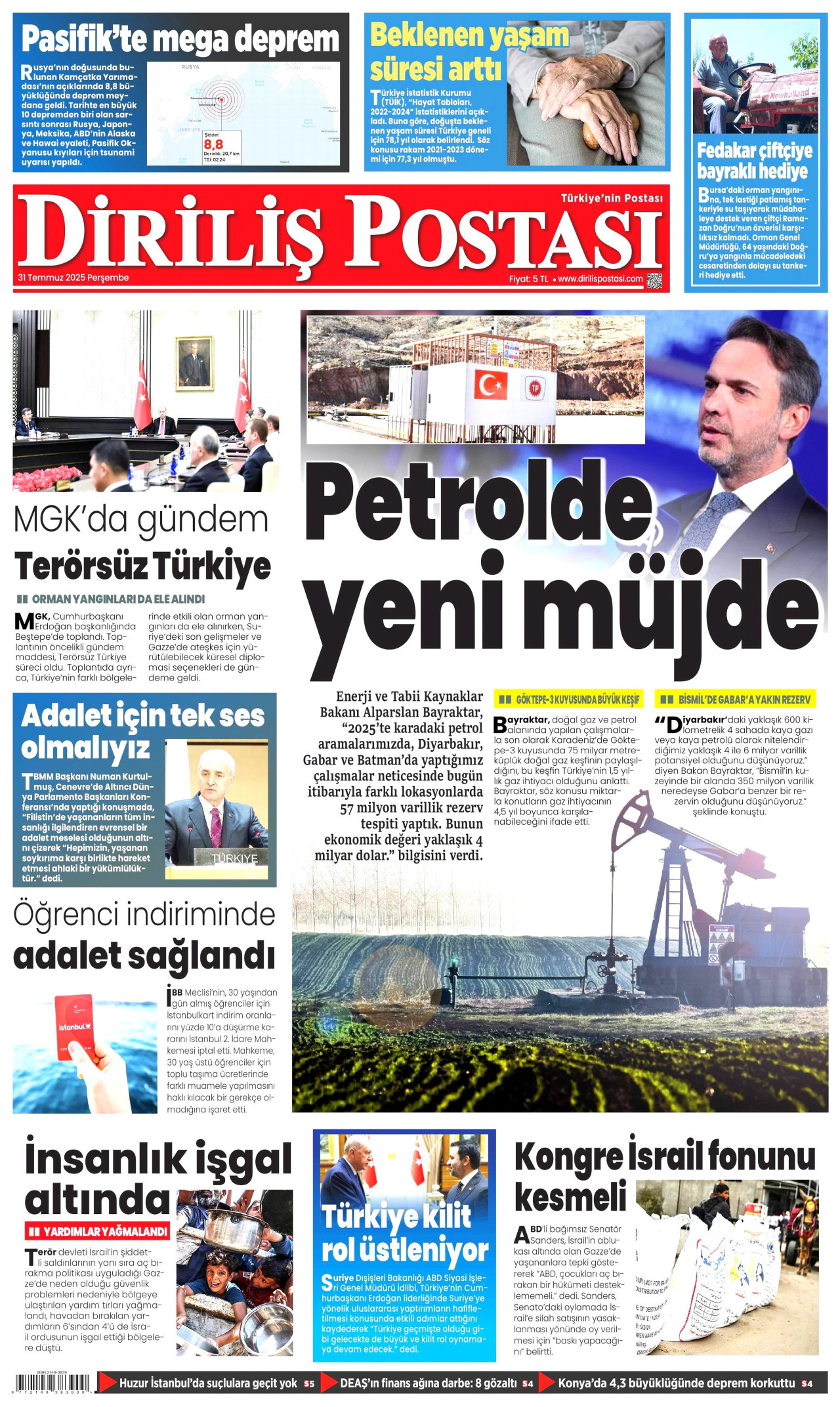 DİRİLİŞ POSTASI gazetesinin 31 Temmuz 2025 tarihli birinci sayfası