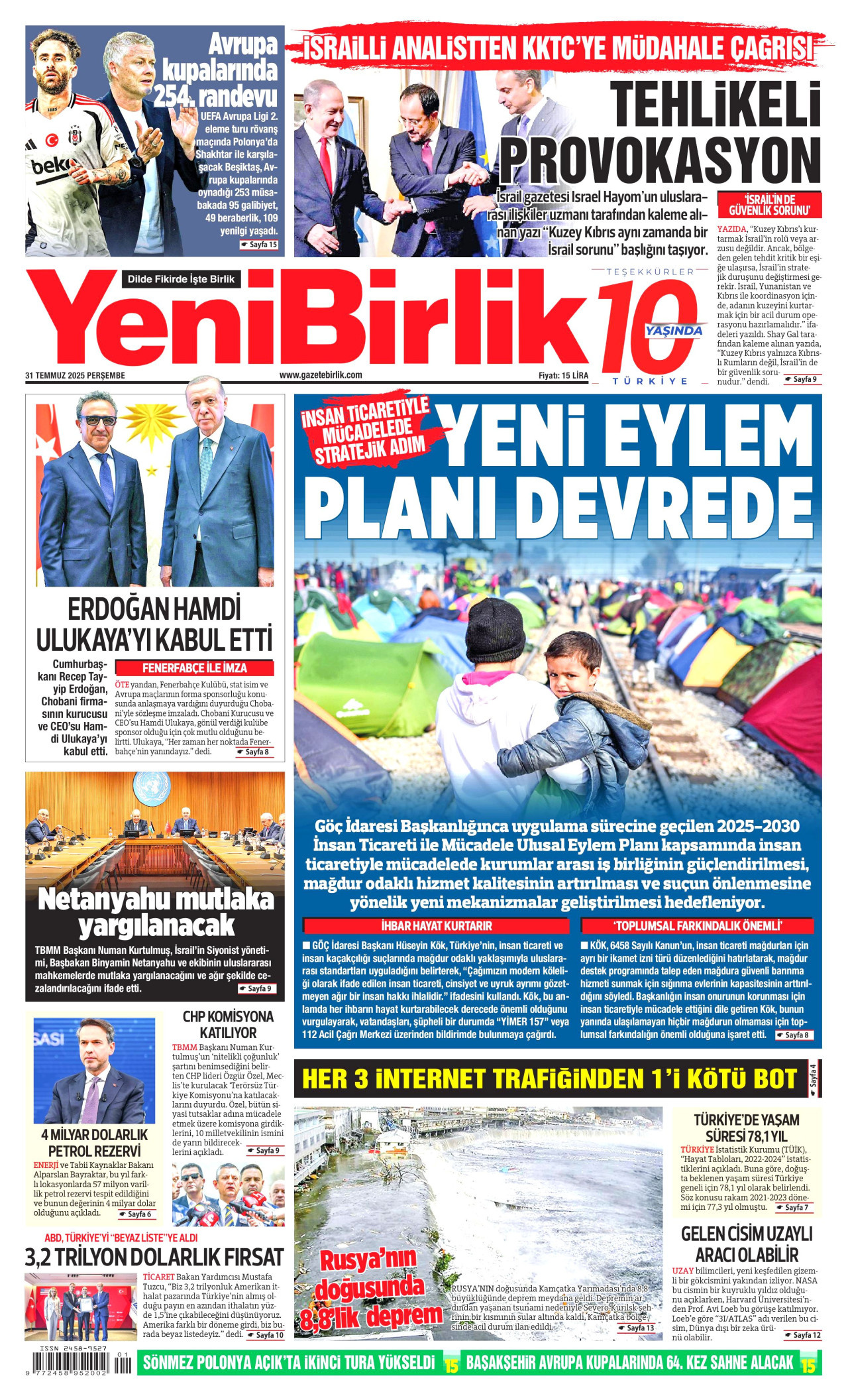 YENİBİRLİK gazetesinin 31 Temmuz 2025 tarihli birinci sayfası