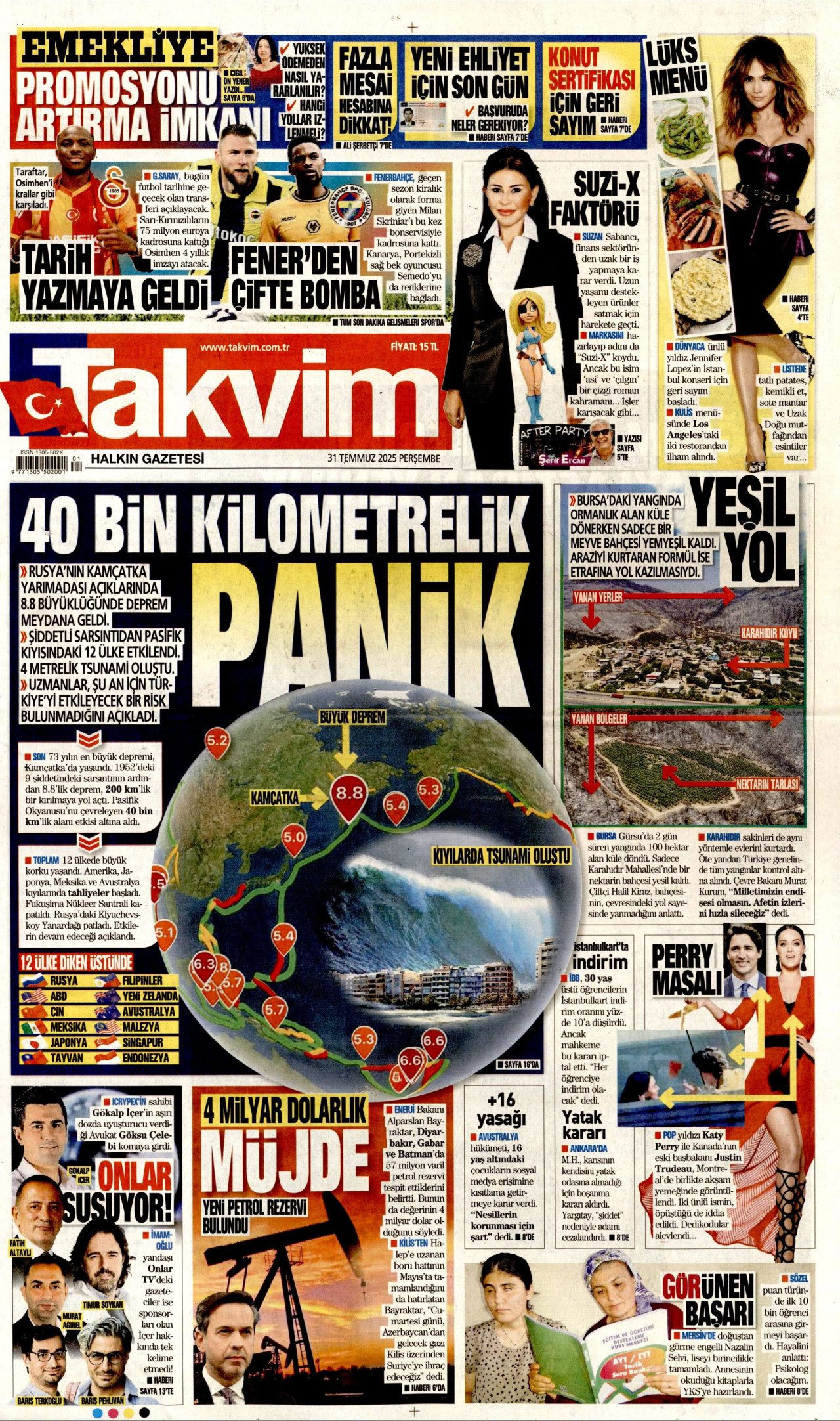 TAKVİM gazetesinin 31 Temmuz 2025 tarihli birinci sayfası