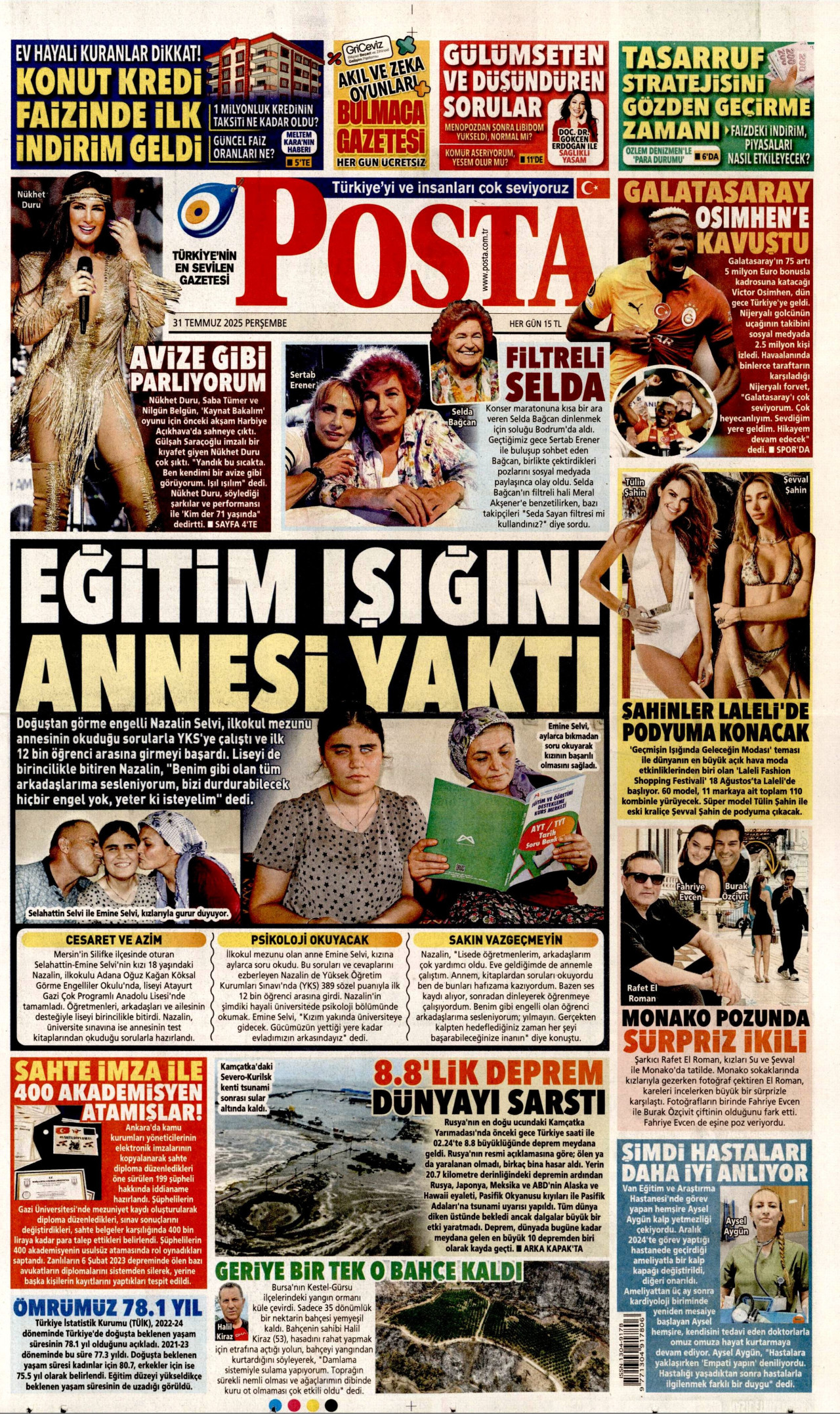 POSTA gazetesinin 31 Temmuz 2025 tarihli birinci sayfası