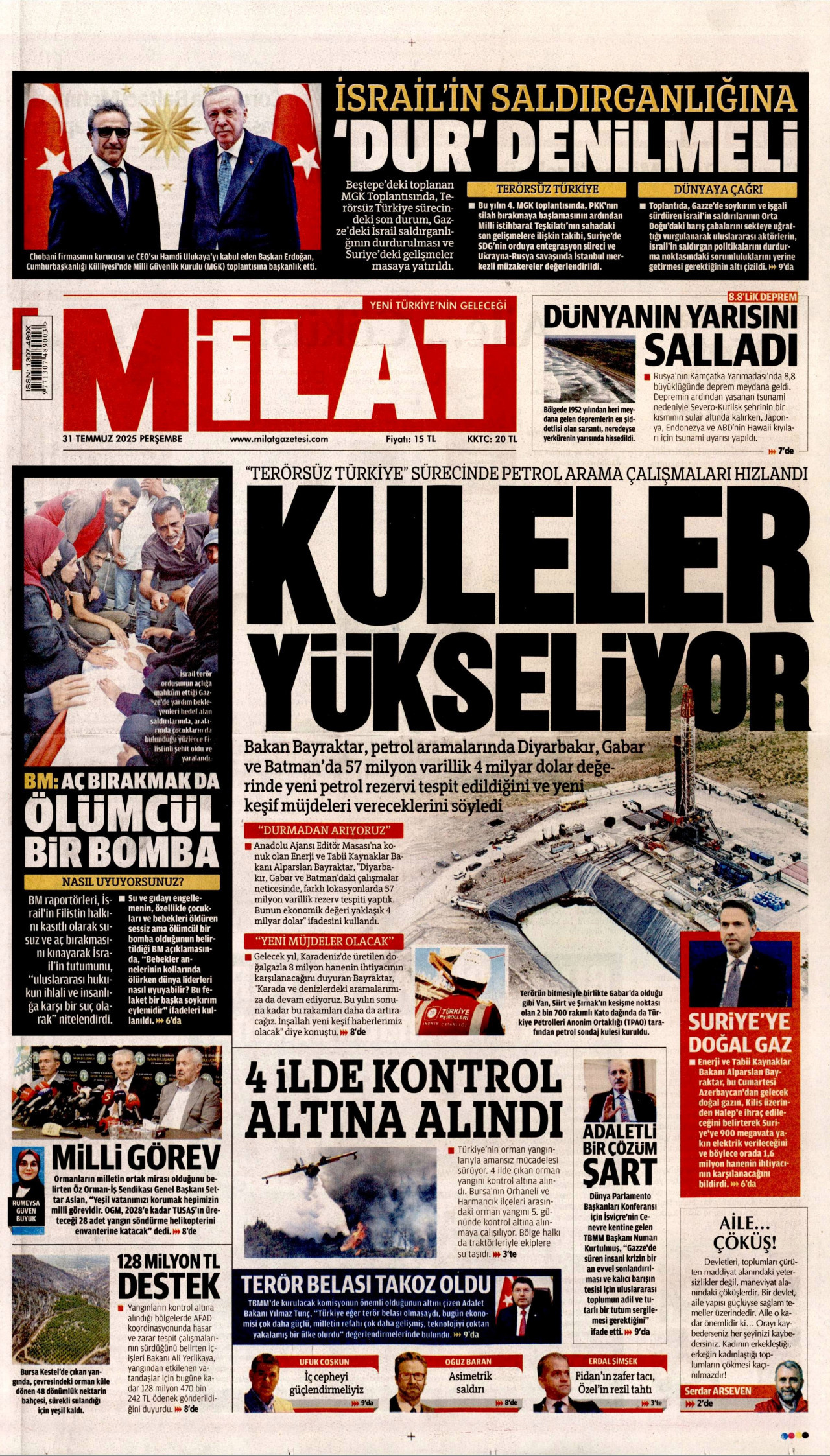 MİLAT gazetesinin 31 Temmuz 2025 tarihli birinci sayfası