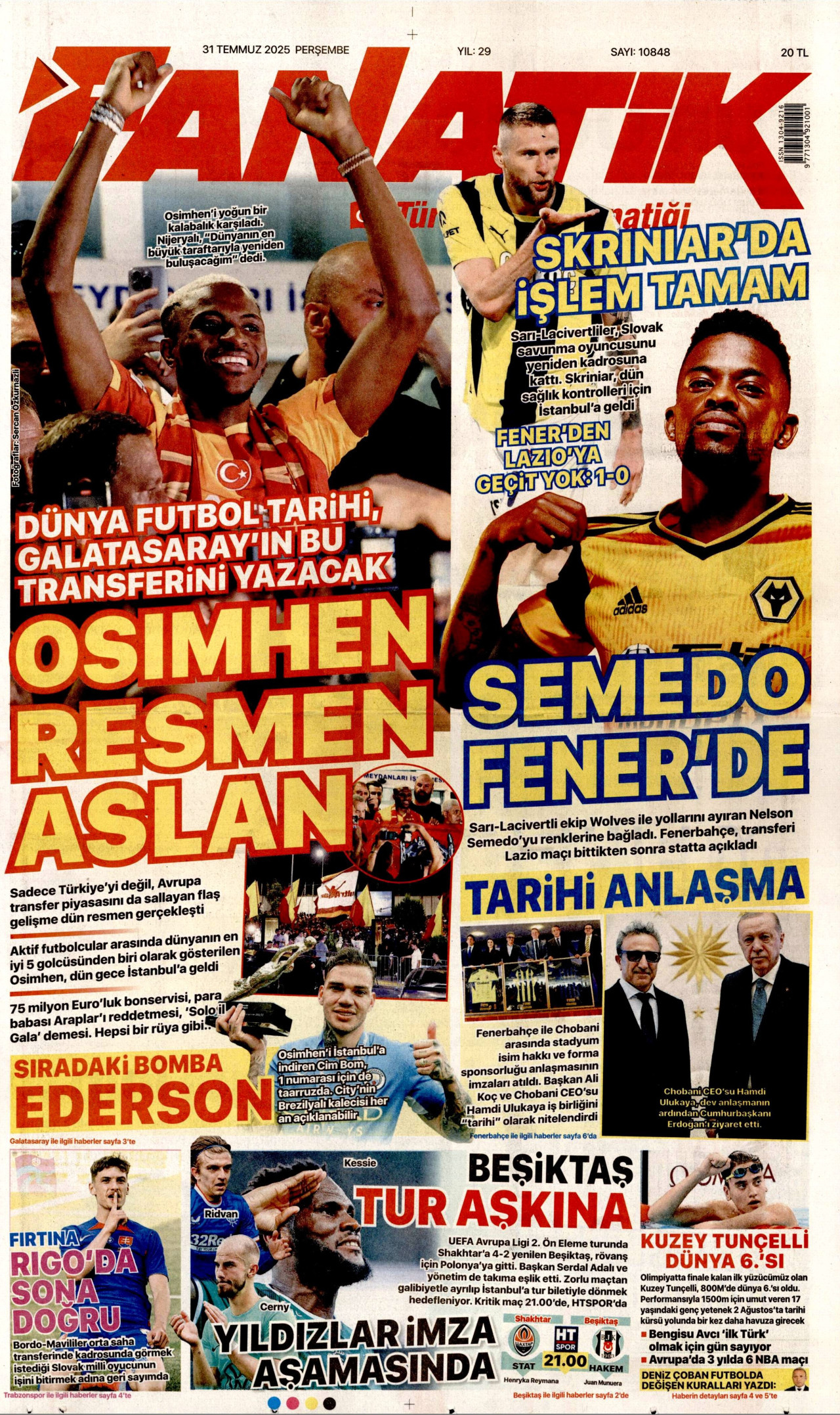 FANATİK gazetesinin 31 Temmuz 2025 tarihli birinci sayfası