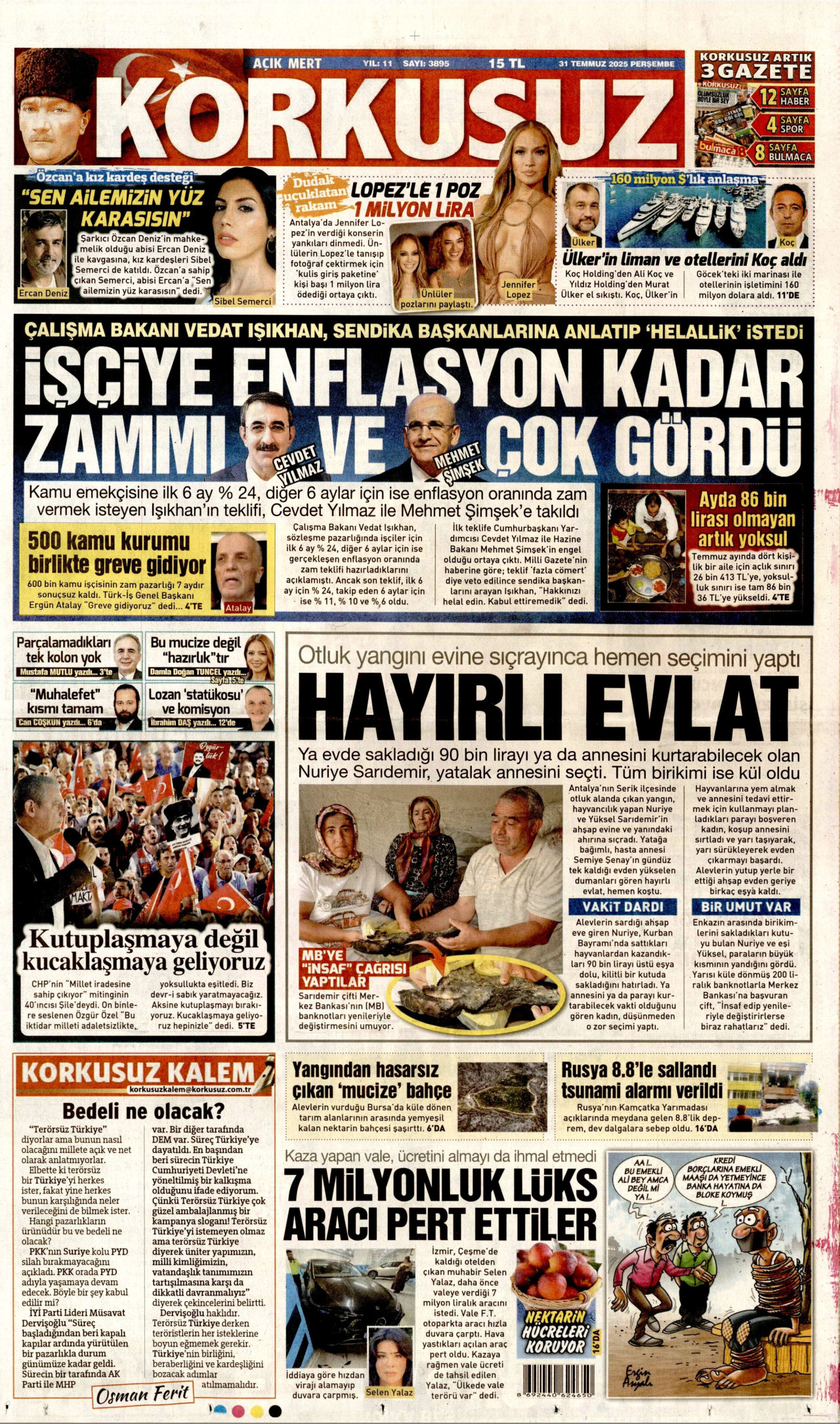 KORKUSUZ gazetesinin 31 Temmuz 2025 tarihli birinci sayfası