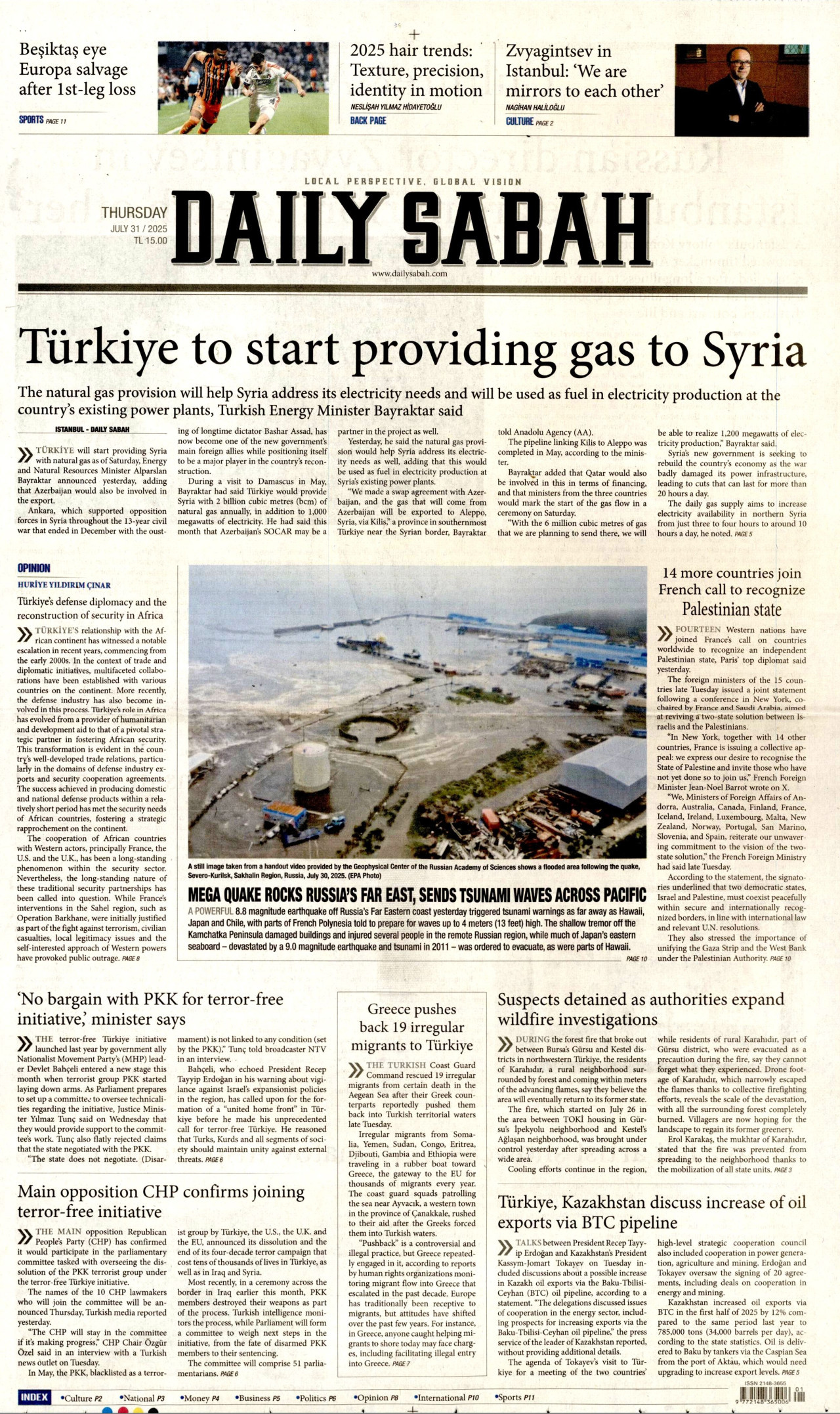 DAİLY SABAH gazetesinin 31 Temmuz 2025 tarihli birinci sayfası