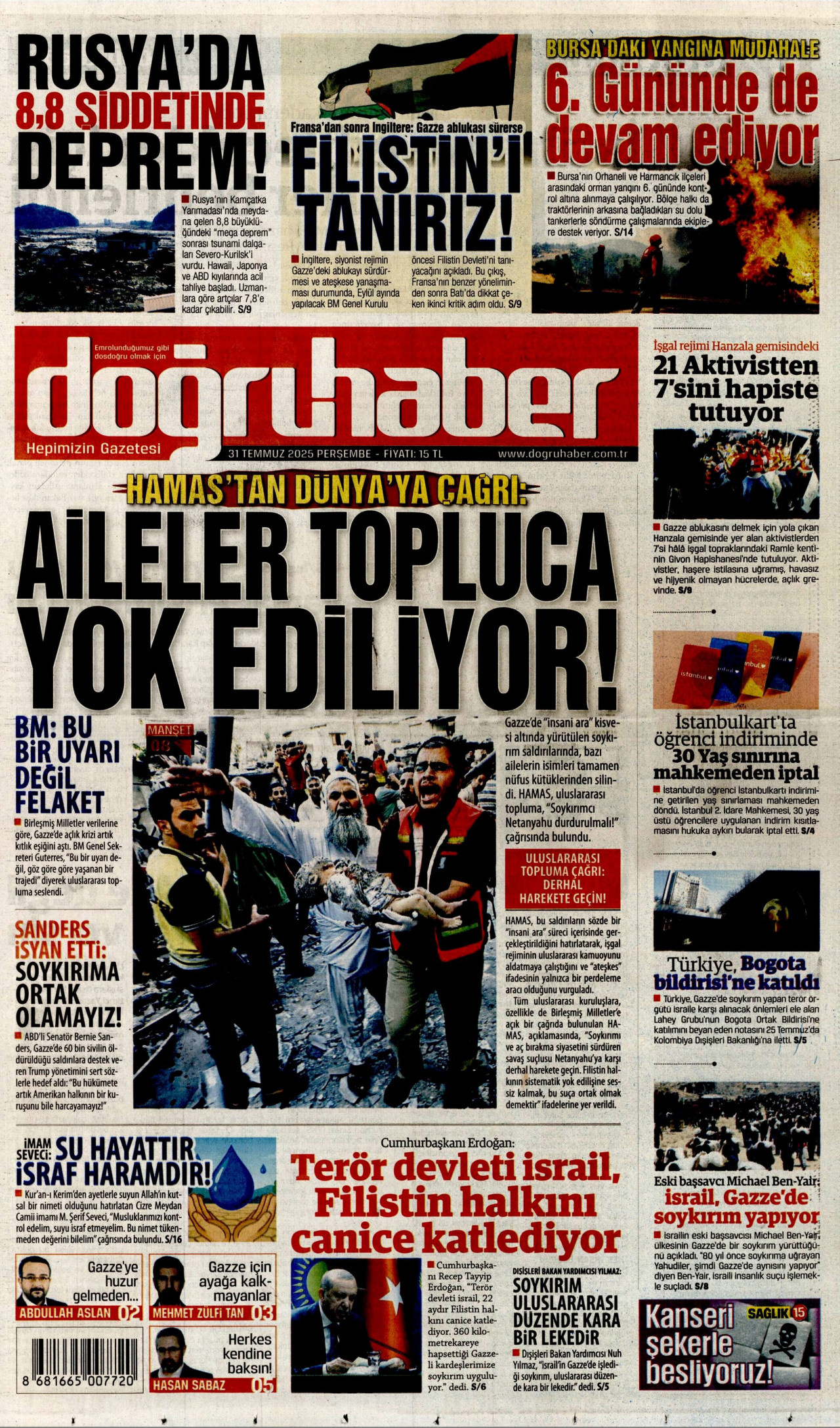 DOĞRU HABER gazetesinin 31 Temmuz 2025 tarihli birinci sayfası