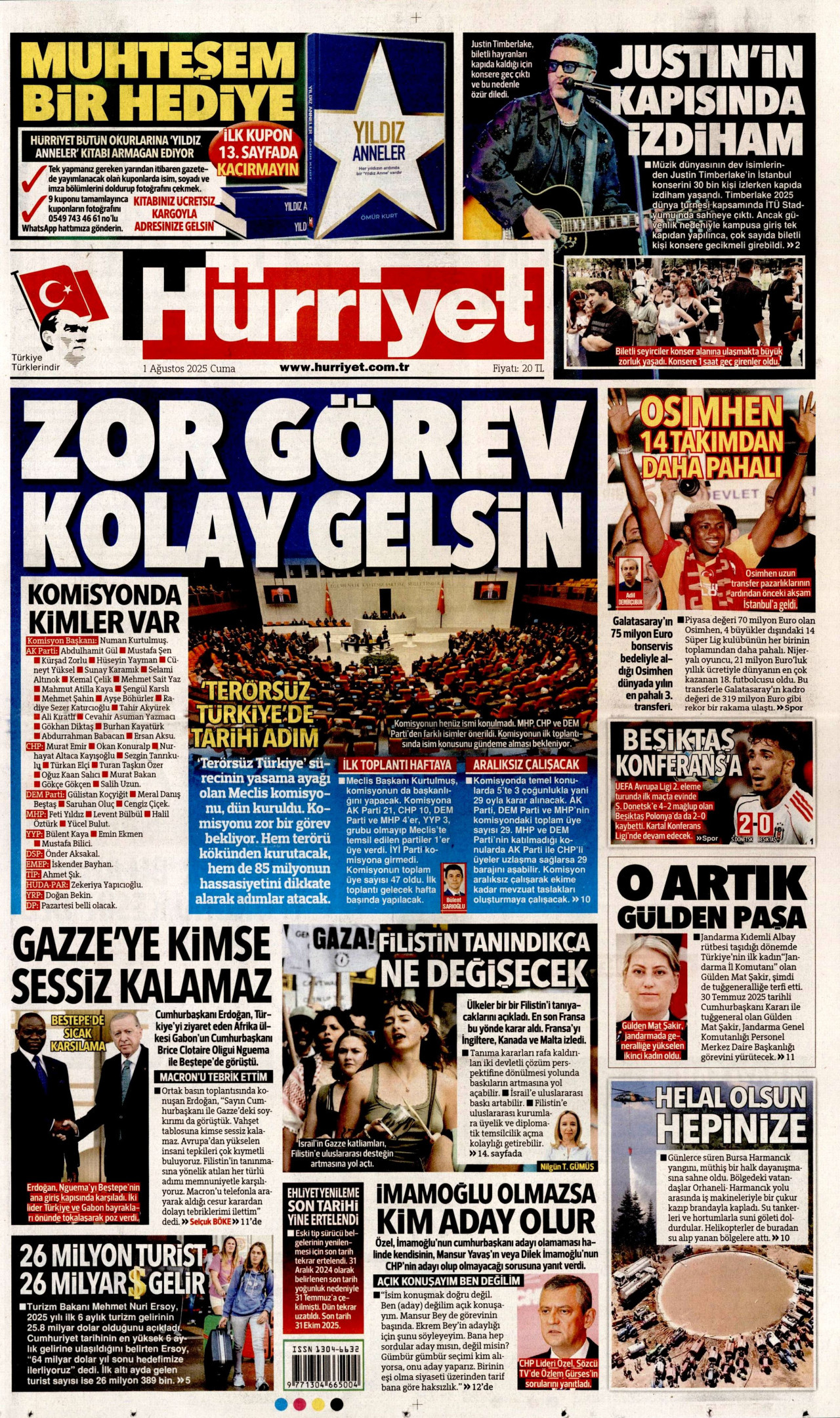 HÜRRİYET gazetesinin 1 Ağustos 2025 tarihli birinci sayfası
