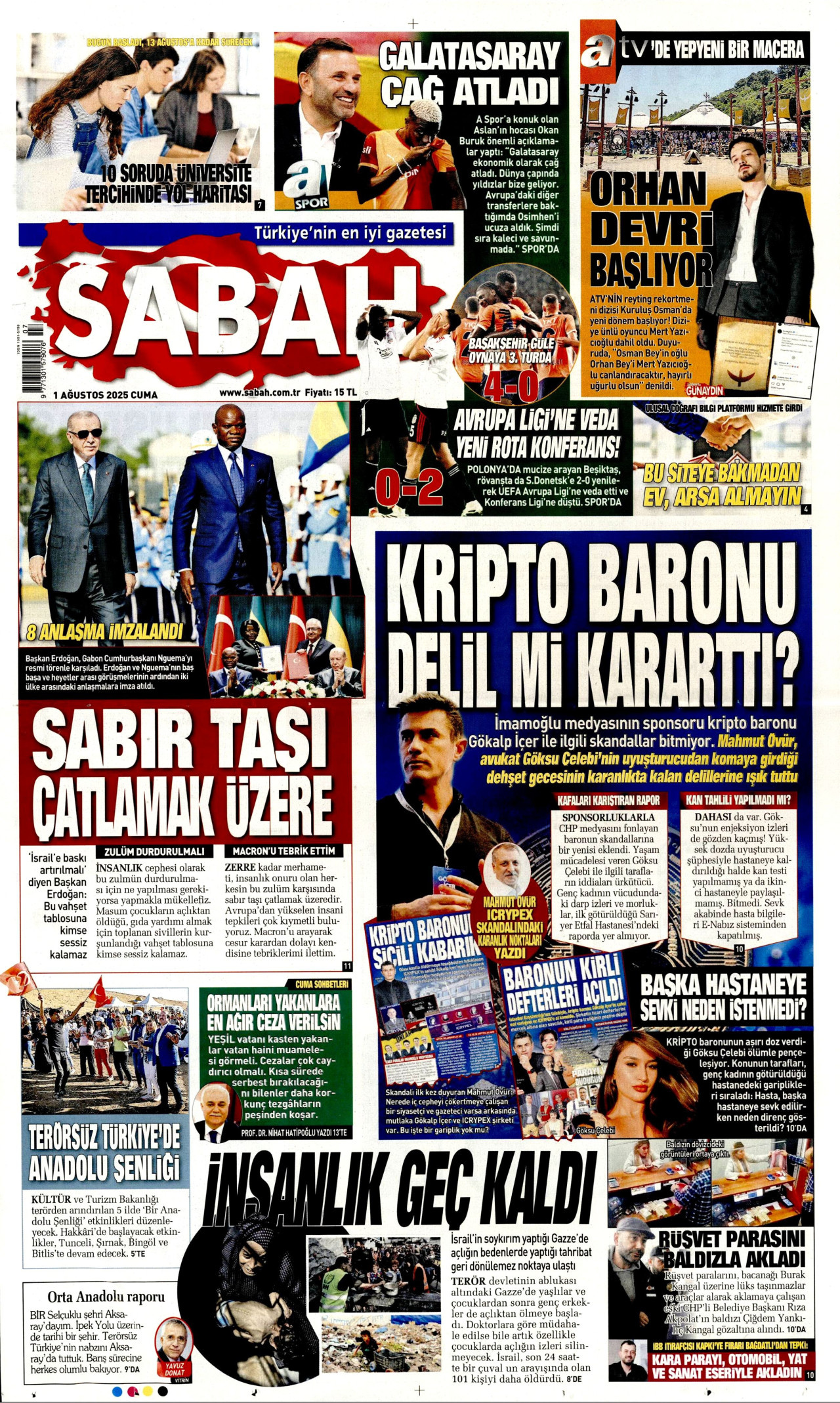SABAH gazetesinin 1 Ağustos 2025 tarihli birinci sayfası