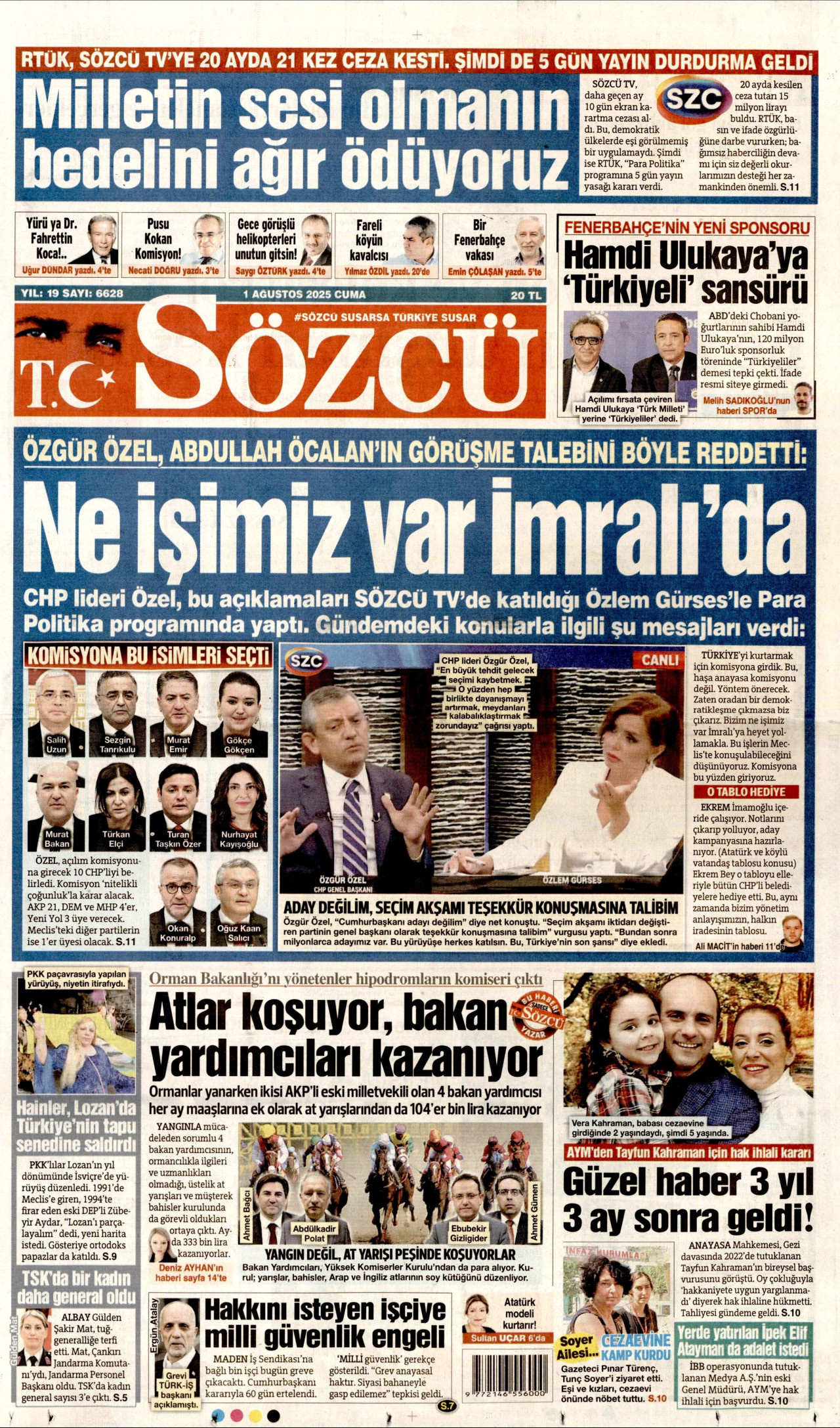 SÖZCÜ gazetesinin 1 Ağustos 2025 tarihli birinci sayfası