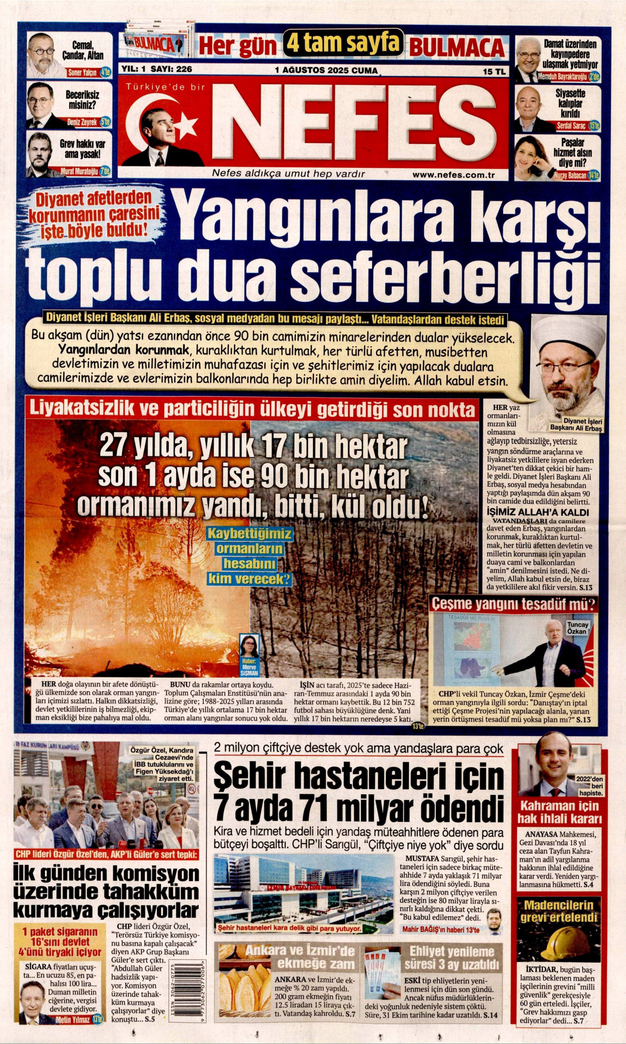 NEFES gazetesinin 1 Ağustos 2025 tarihli birinci sayfası