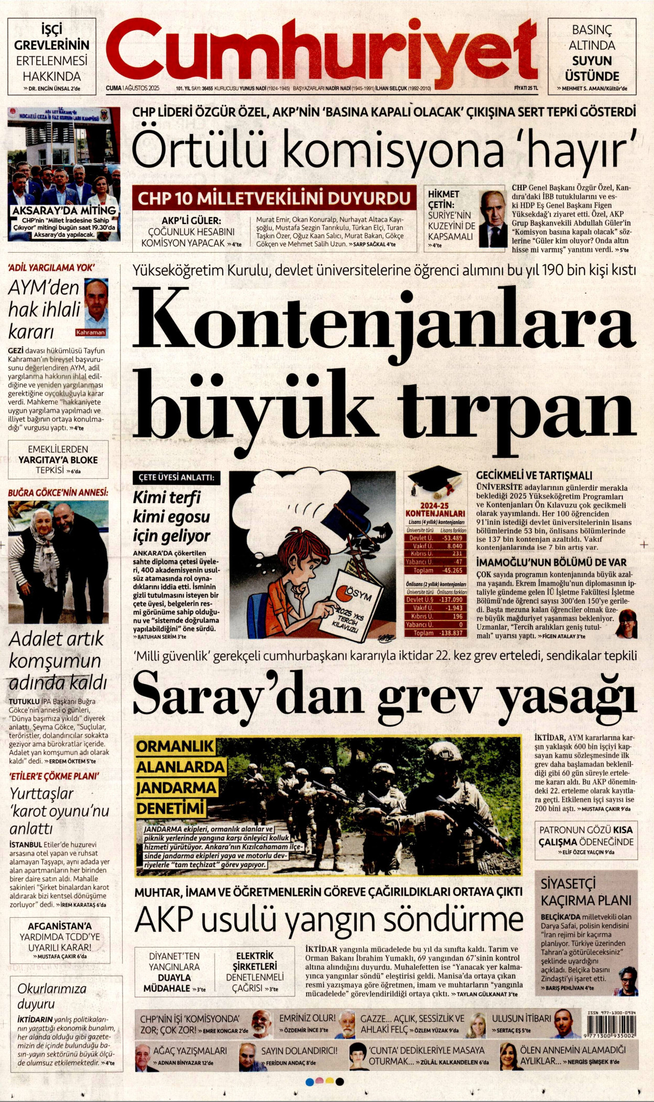 CUMHURİYET gazetesinin 1 Ağustos 2025 tarihli birinci sayfası