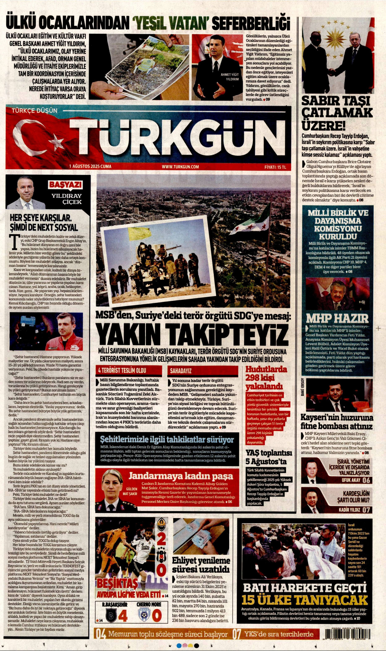 TÜRKGÜN gazetesinin 1 Ağustos 2025 tarihli birinci sayfası