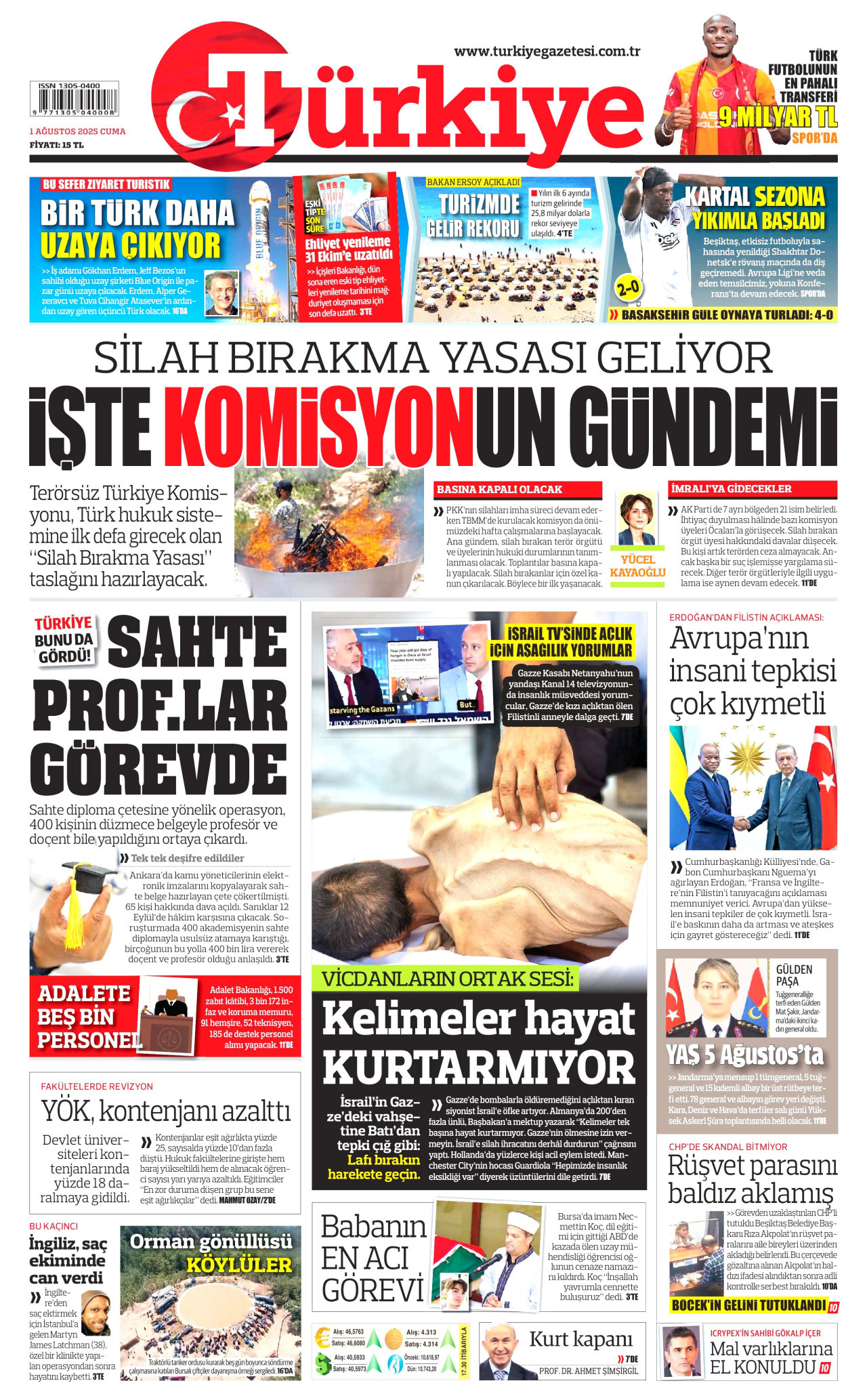 TÜRKİYE GAZETESİ gazetesinin 1 Ağustos 2025 tarihli birinci sayfası