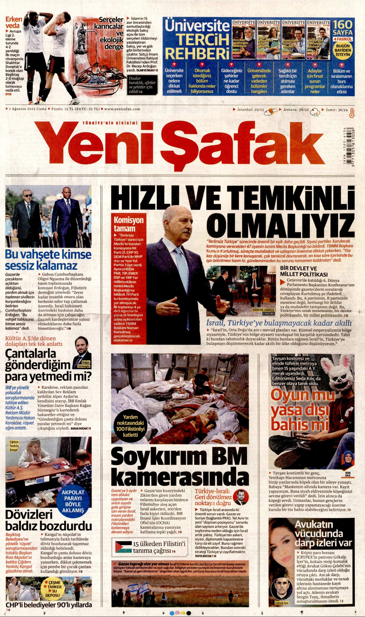 YENİ ŞAFAK gazetesinin 1 Ağustos 2025 tarihli birinci sayfası