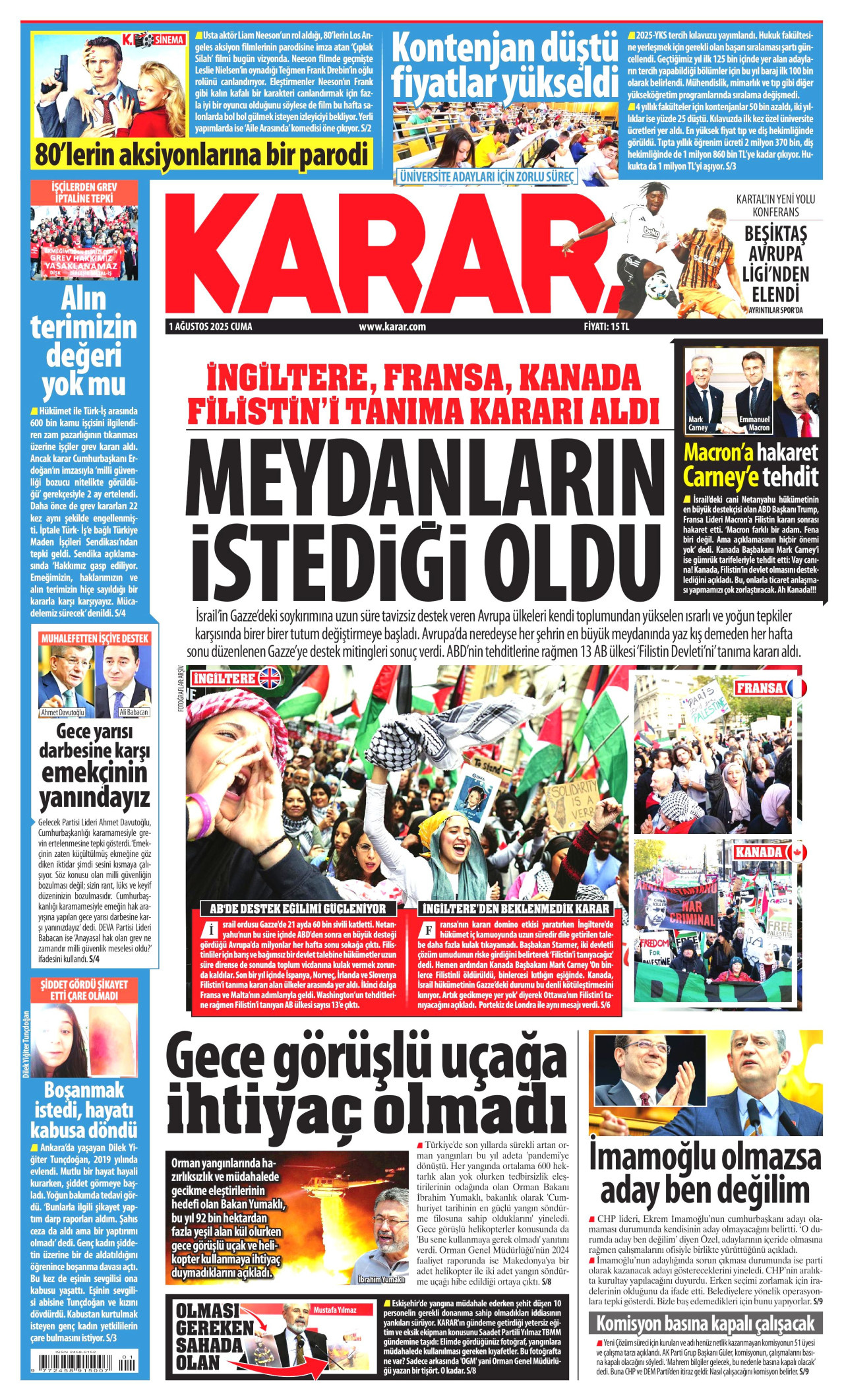 KARAR gazetesinin 1 Ağustos 2025 tarihli birinci sayfası