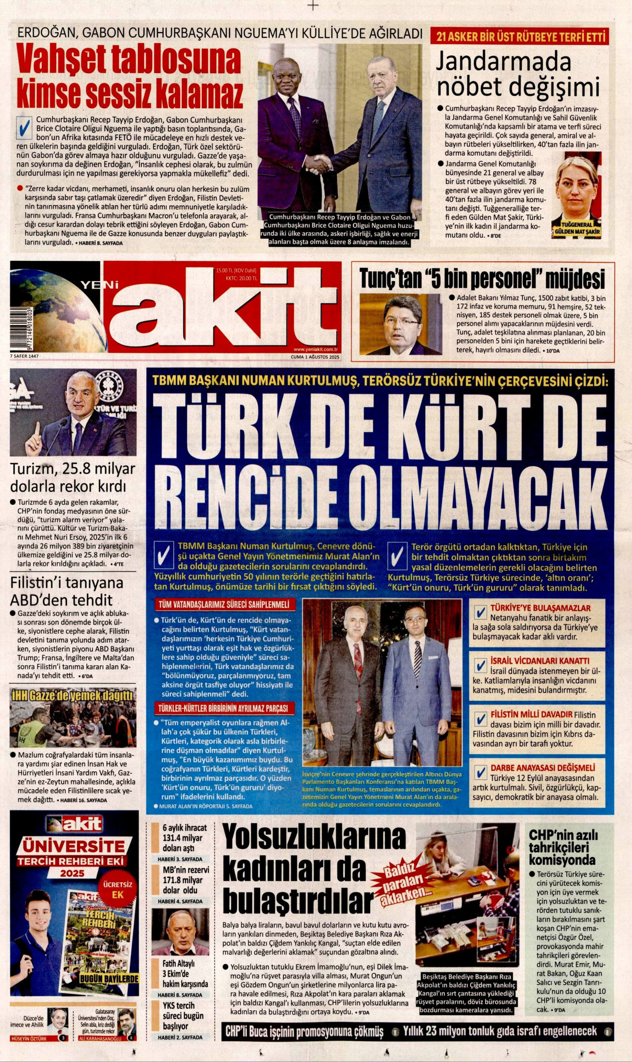 YENİ AKİT gazetesinin 1 Ağustos 2025 tarihli birinci sayfası