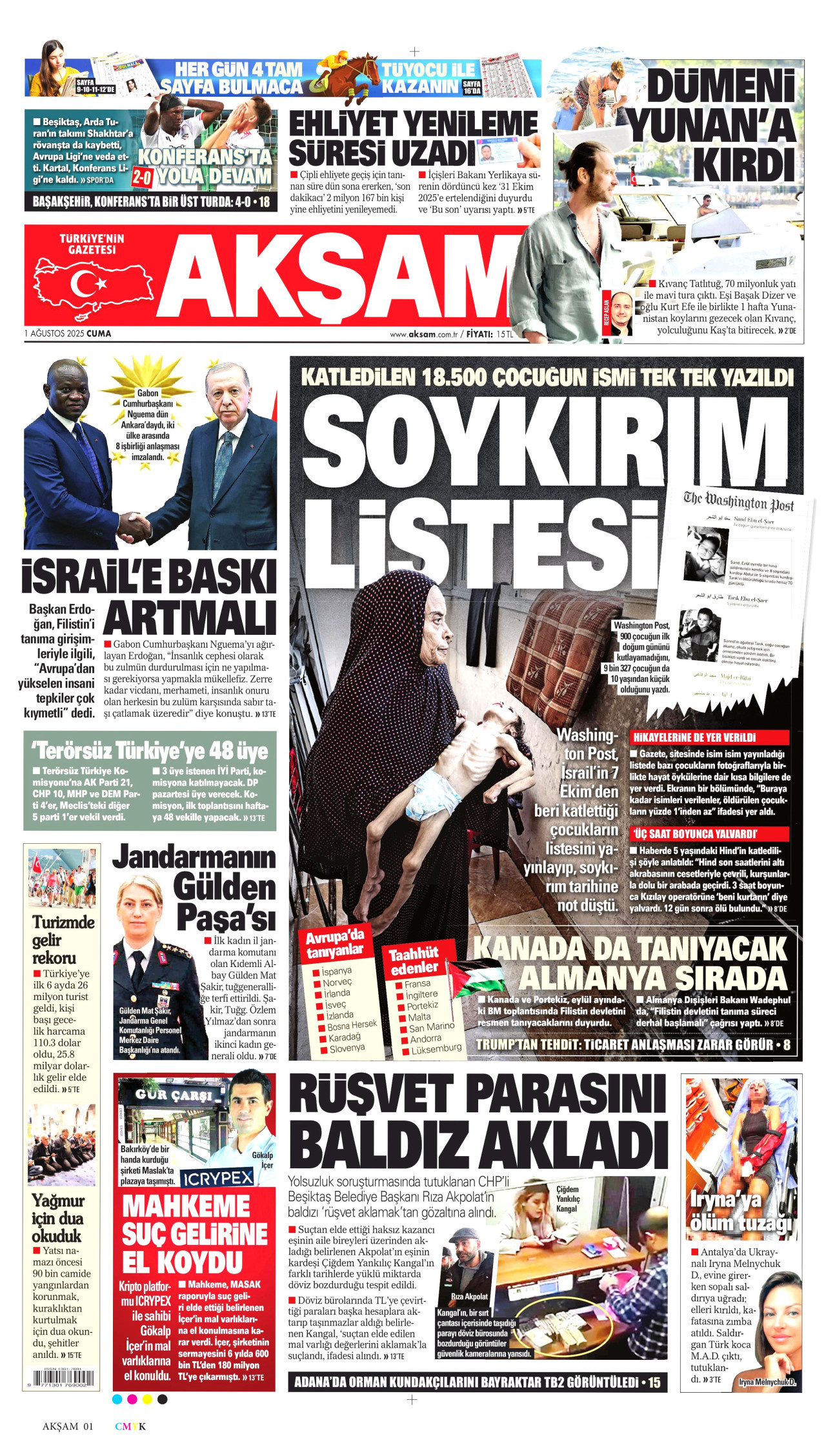AKŞAM gazetesinin 1 Ağustos 2025 tarihli birinci sayfası