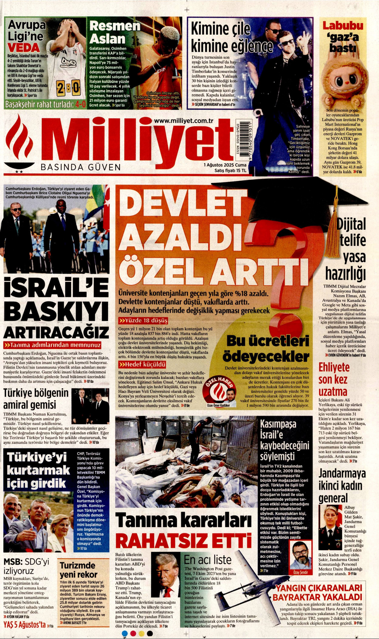 MİLLİYET gazetesinin 1 Ağustos 2025 tarihli birinci sayfası