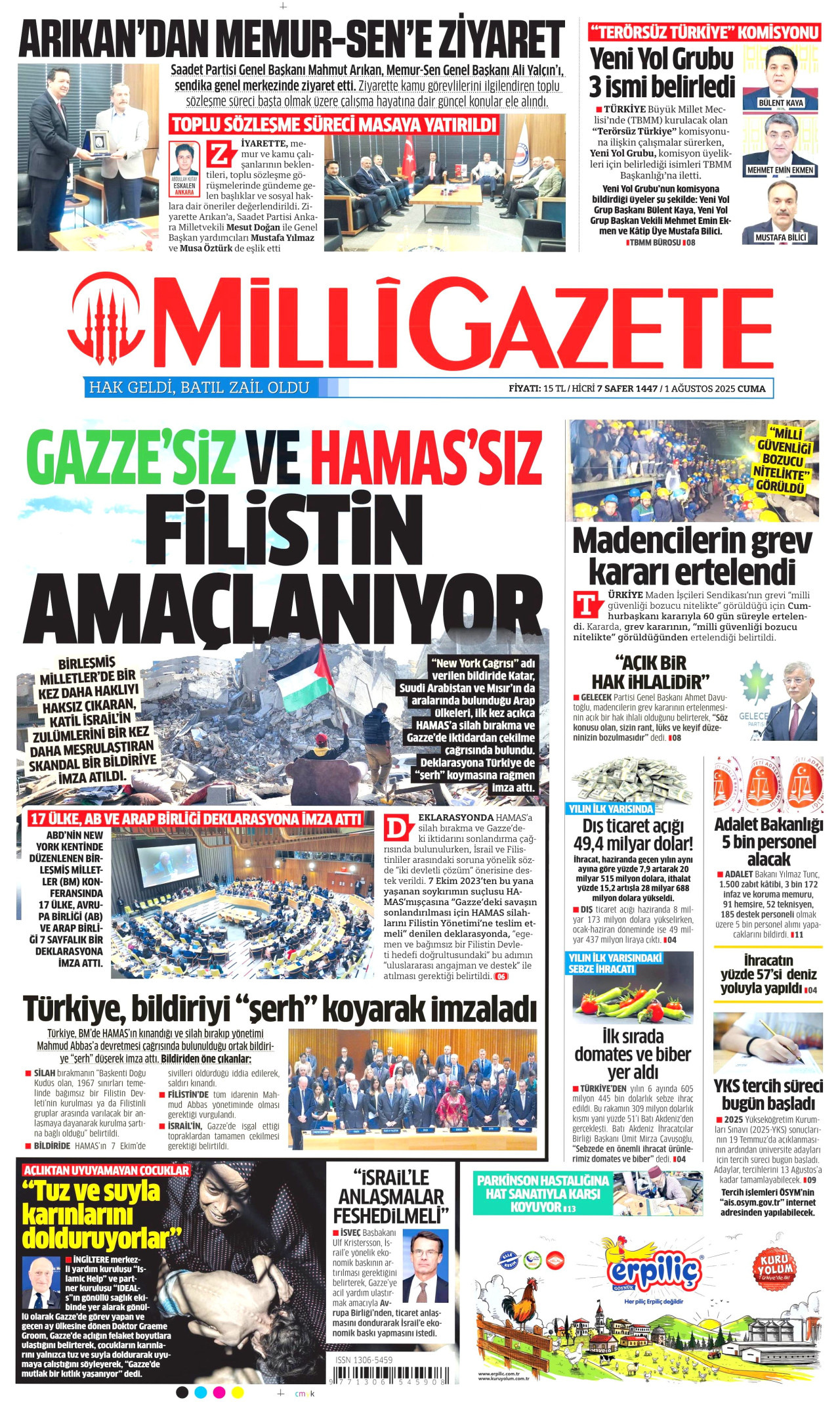 MİLLİ GAZETE gazetesinin 1 Ağustos 2025 tarihli birinci sayfası