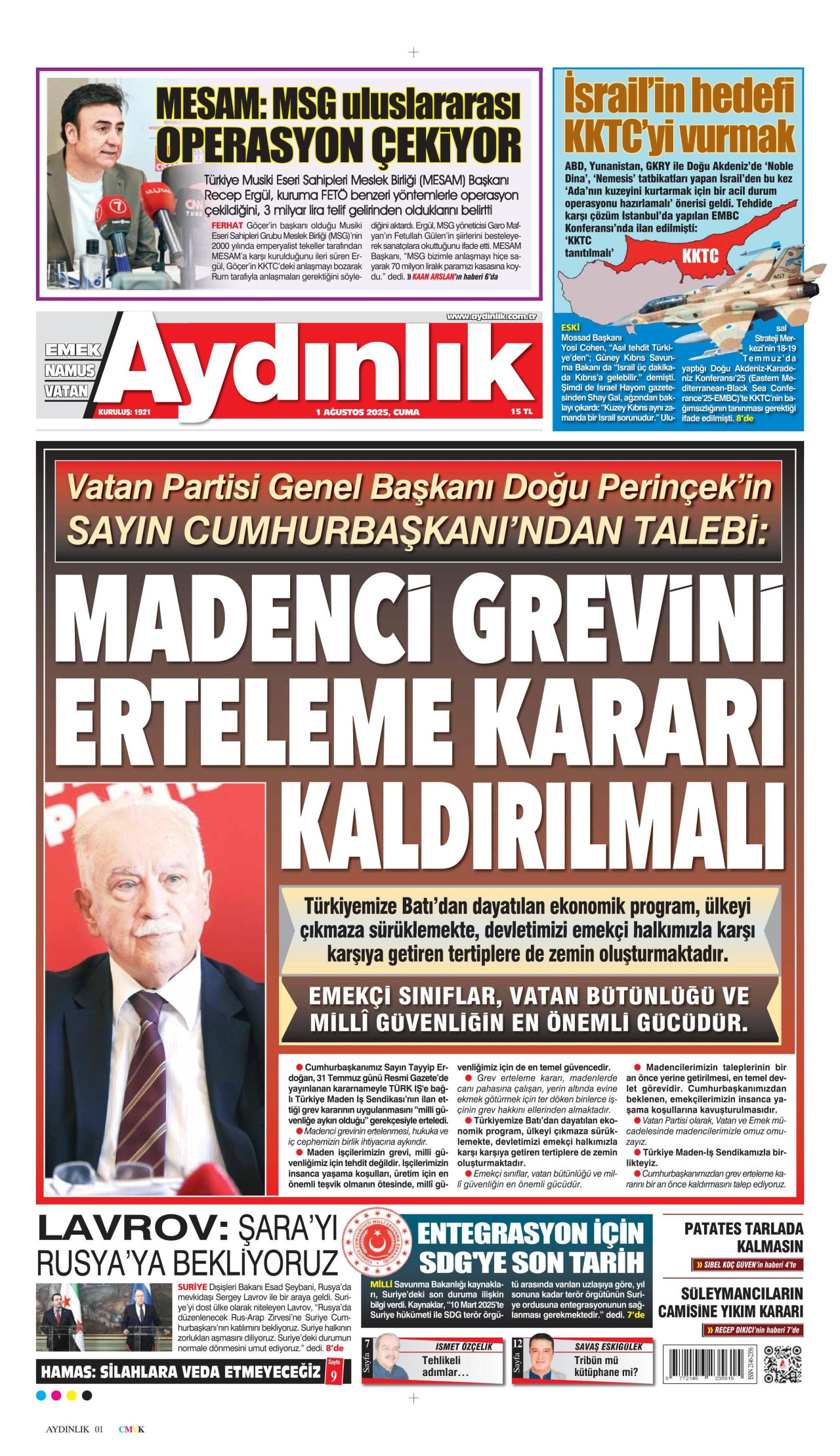 AYDINLIK GAZETESİ gazetesinin 1 Ağustos 2025 tarihli birinci sayfası