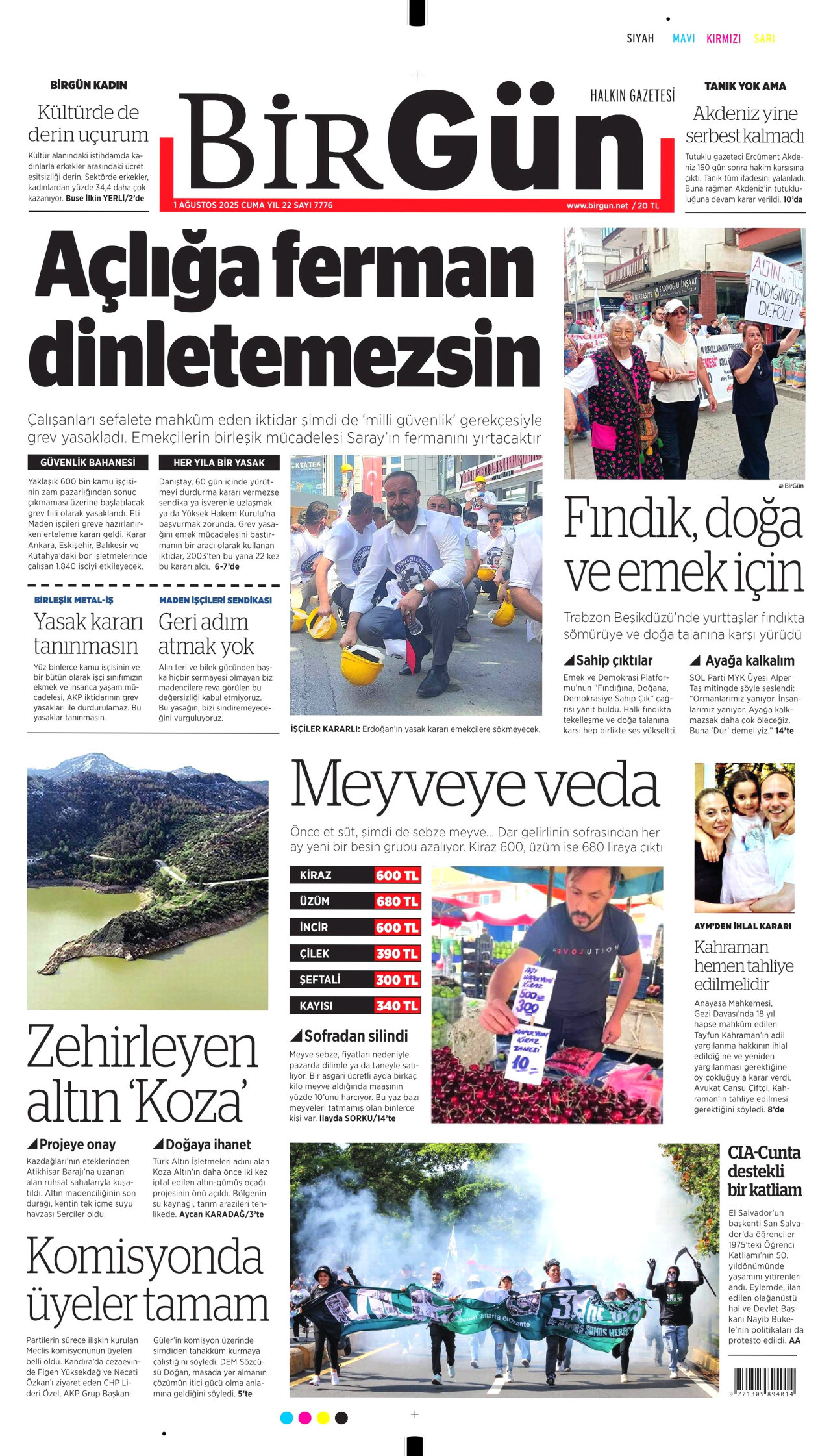 BİRGÜN gazetesinin 1 Ağustos 2025 tarihli birinci sayfası