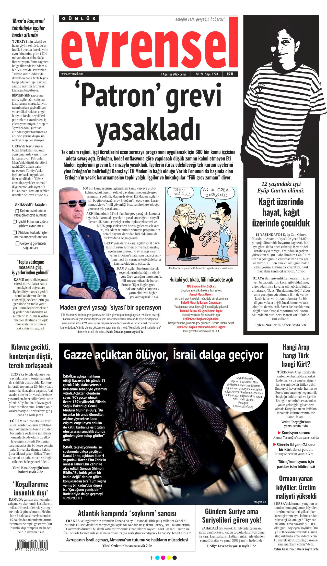 EVRENSEL gazetesinin 1 Ağustos 2025 tarihli birinci sayfası