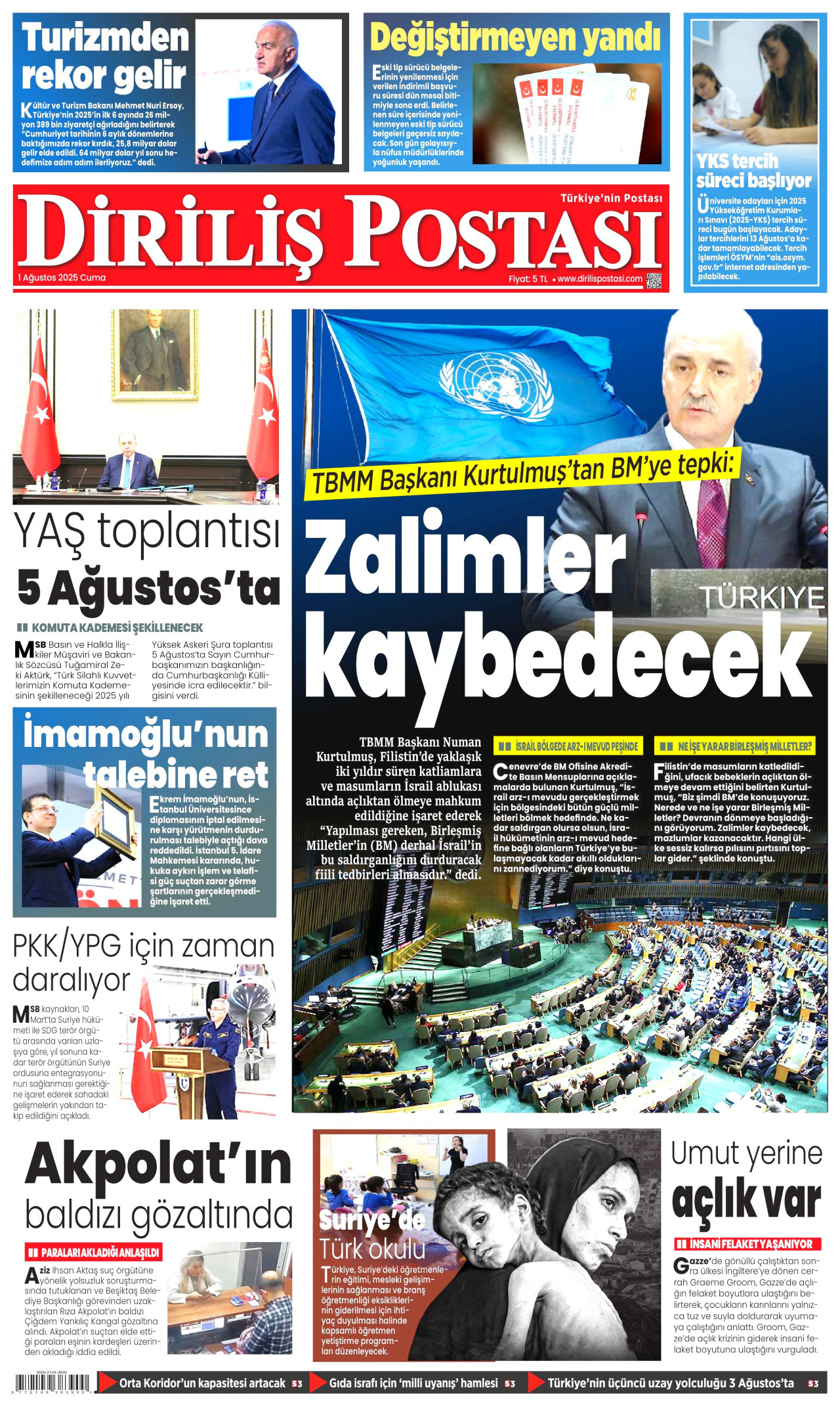 DİRİLİŞ POSTASI gazetesinin 1 Ağustos 2025 tarihli birinci sayfası