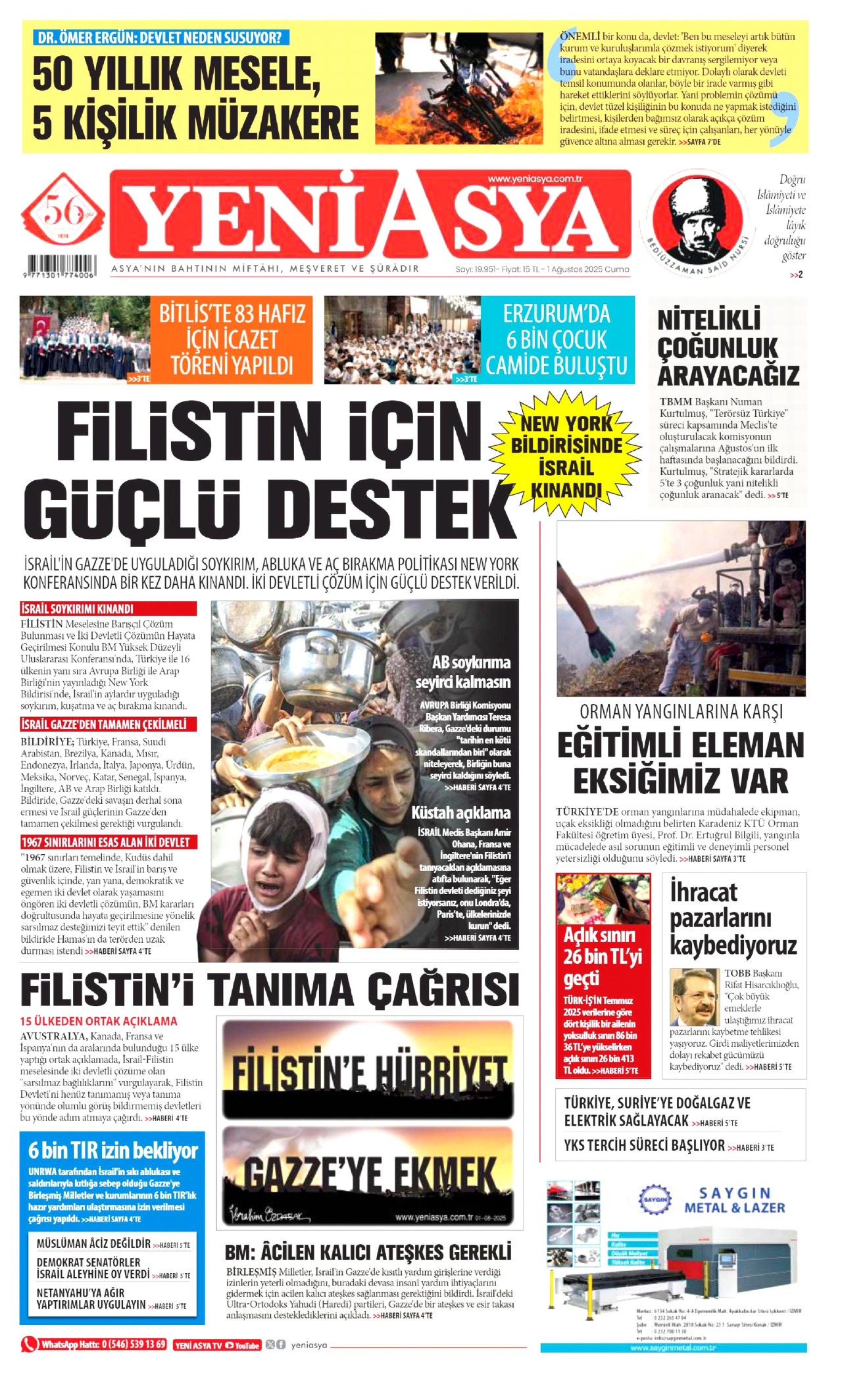 YENİ ASYA gazetesinin 1 Ağustos 2025 tarihli birinci sayfası