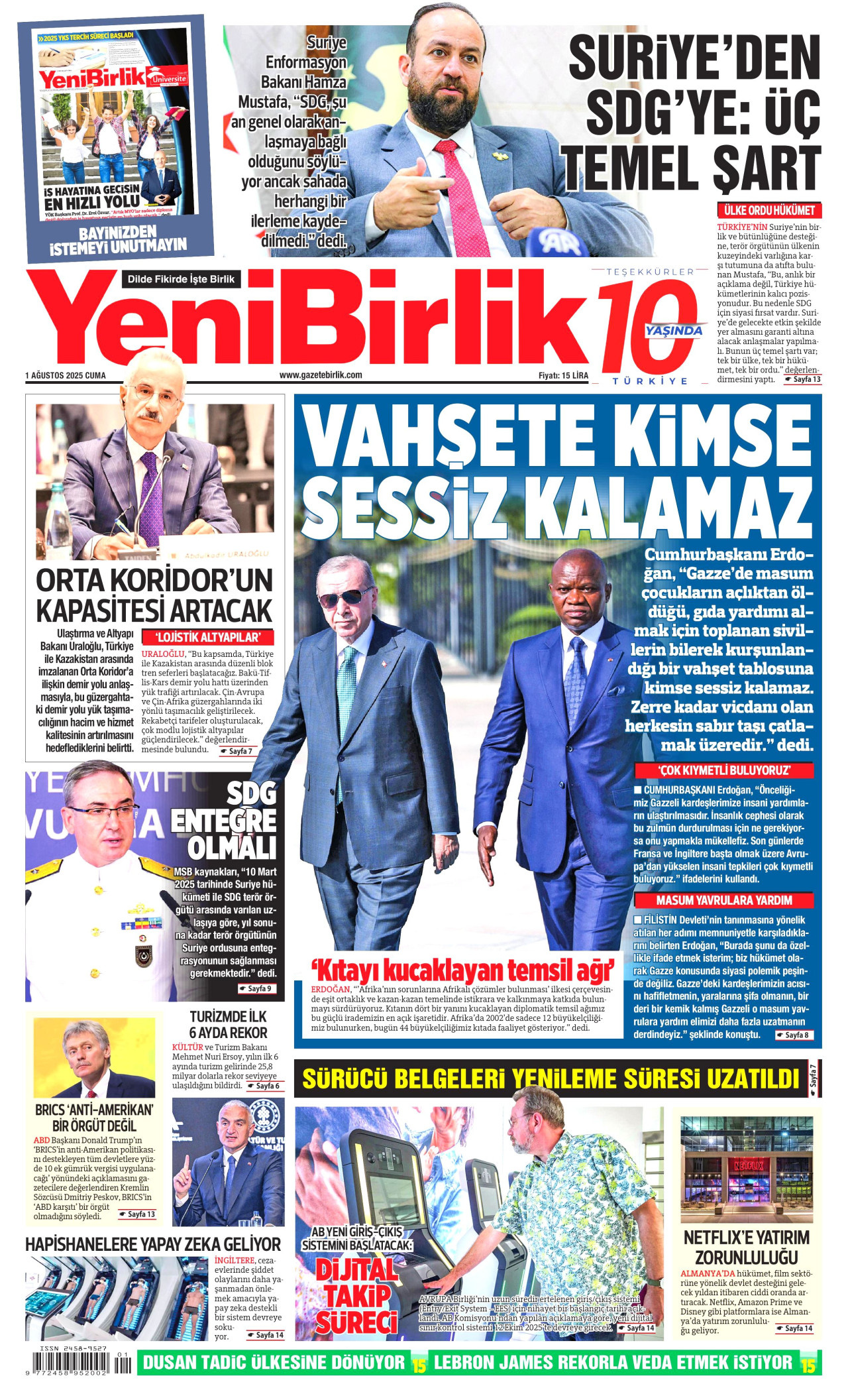 YENİBİRLİK gazetesinin 1 Ağustos 2025 tarihli birinci sayfası