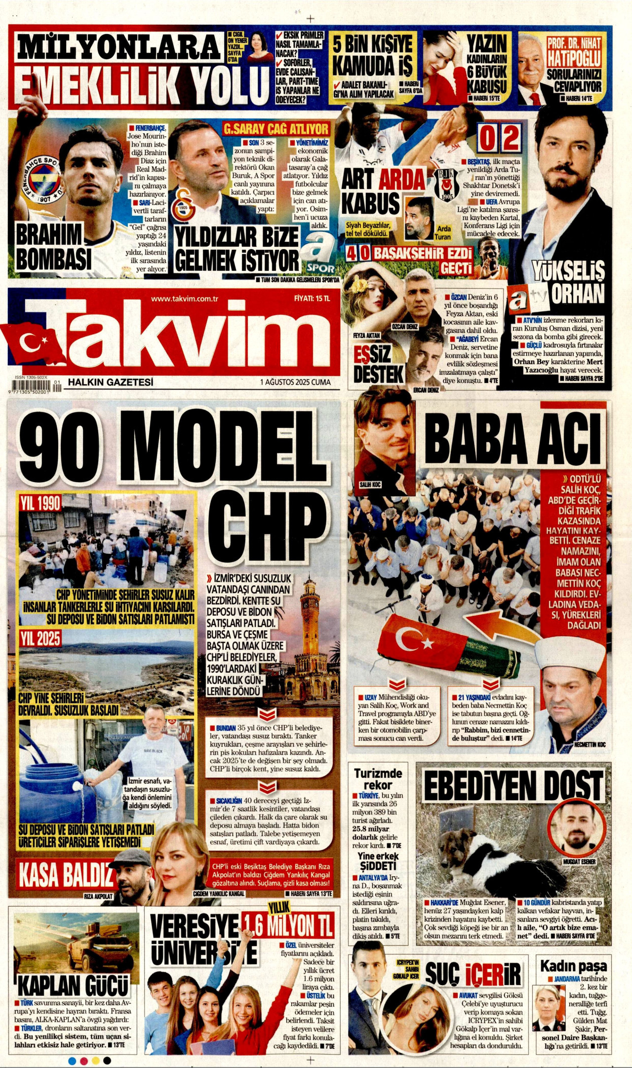 TAKVİM gazetesinin 1 Ağustos 2025 tarihli birinci sayfası