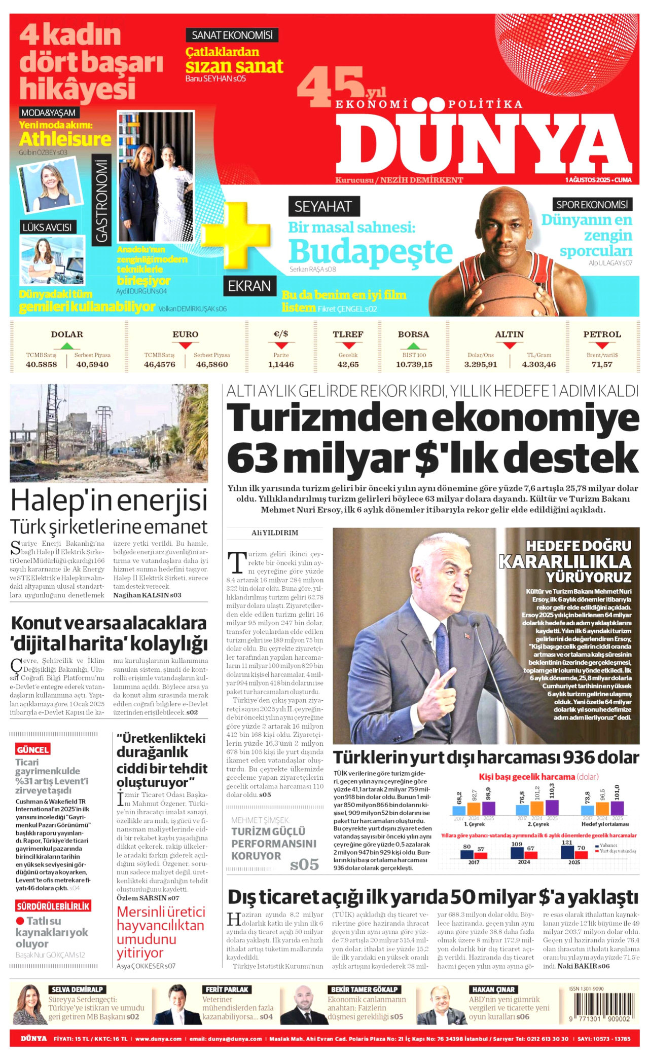 DÜNYA gazetesinin 1 Ağustos 2025 tarihli birinci sayfası