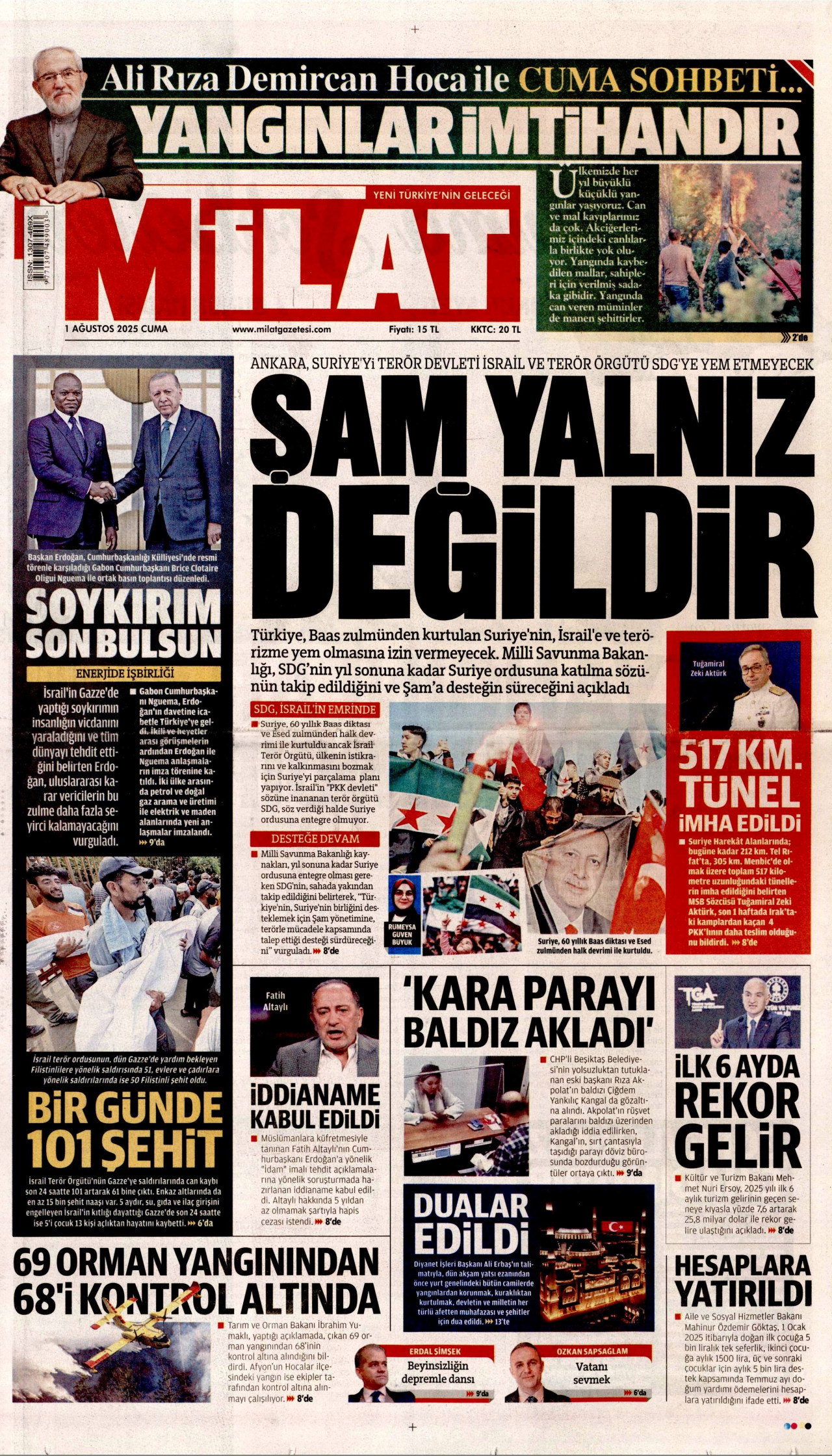MİLAT gazetesinin 1 Ağustos 2025 tarihli birinci sayfası