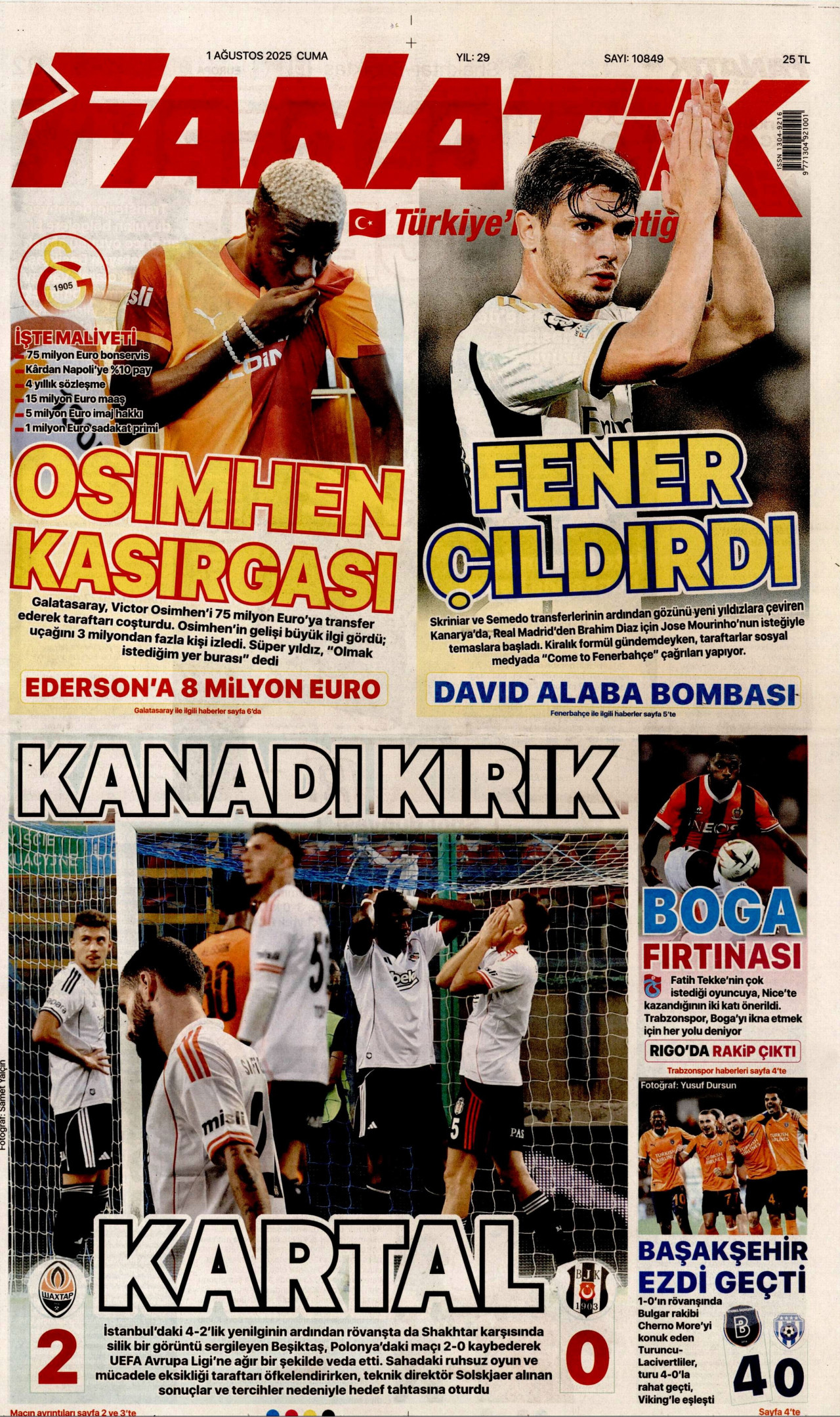 FANATİK gazetesinin 1 Ağustos 2025 tarihli birinci sayfası