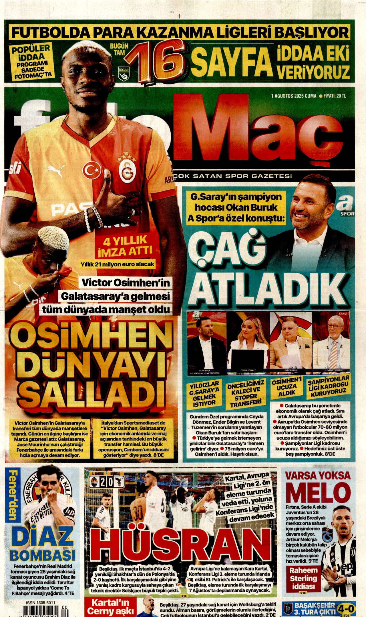 FOTOMAÇ gazetesinin 1 Ağustos 2025 tarihli birinci sayfası