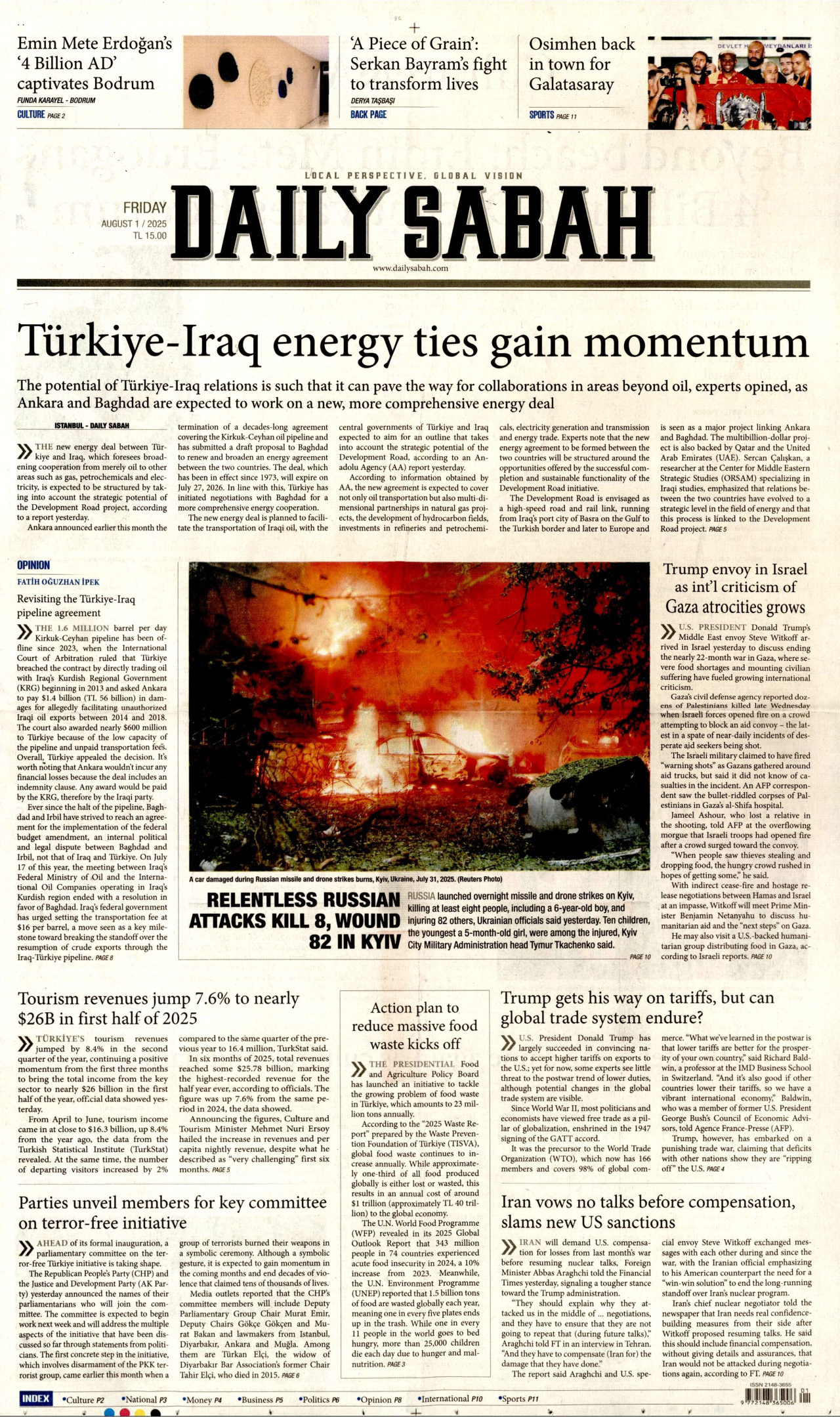 DAİLY SABAH gazetesinin 1 Ağustos 2025 tarihli birinci sayfası