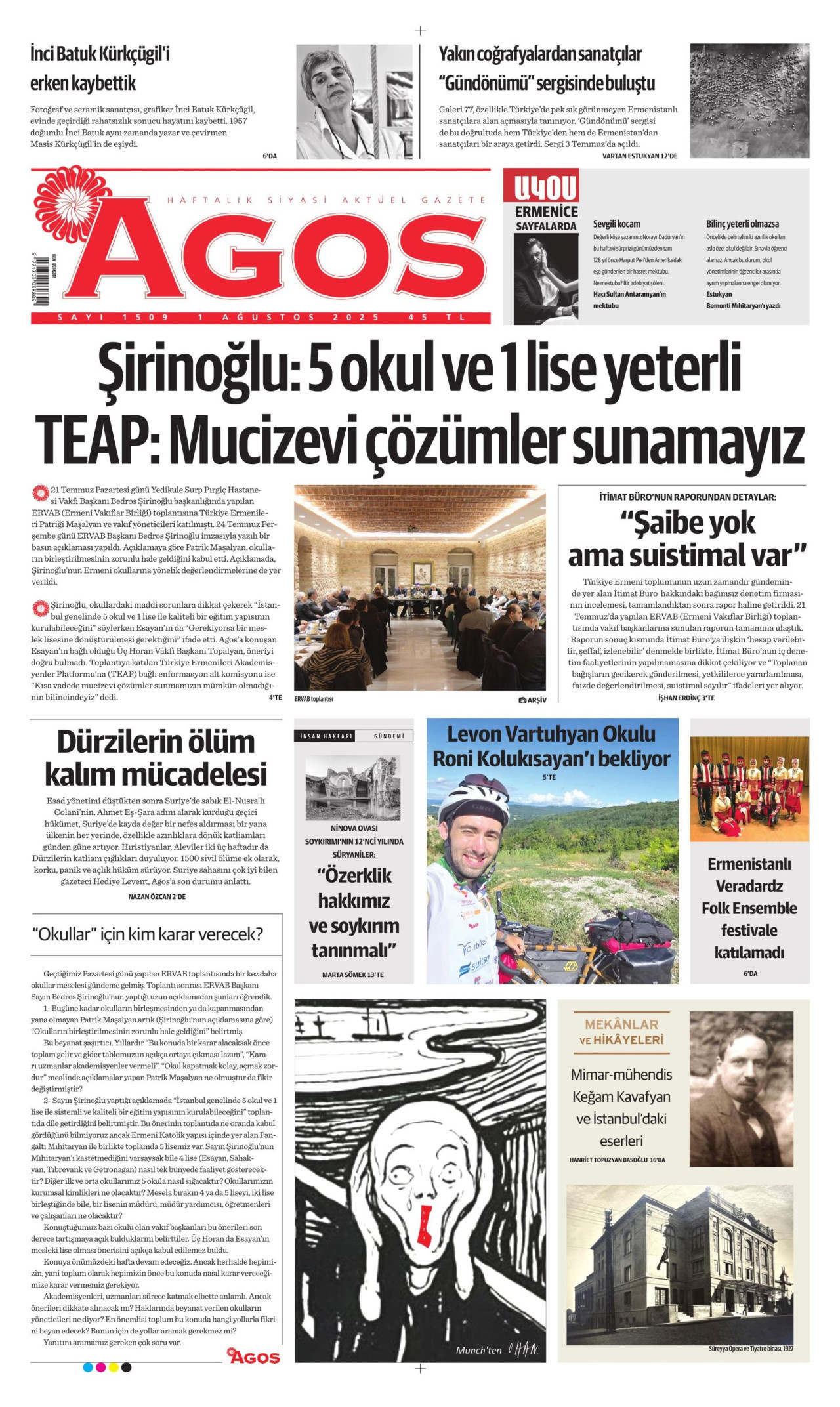 AGOS gazetesinin 1 Ağustos 2025 tarihli birinci sayfası
