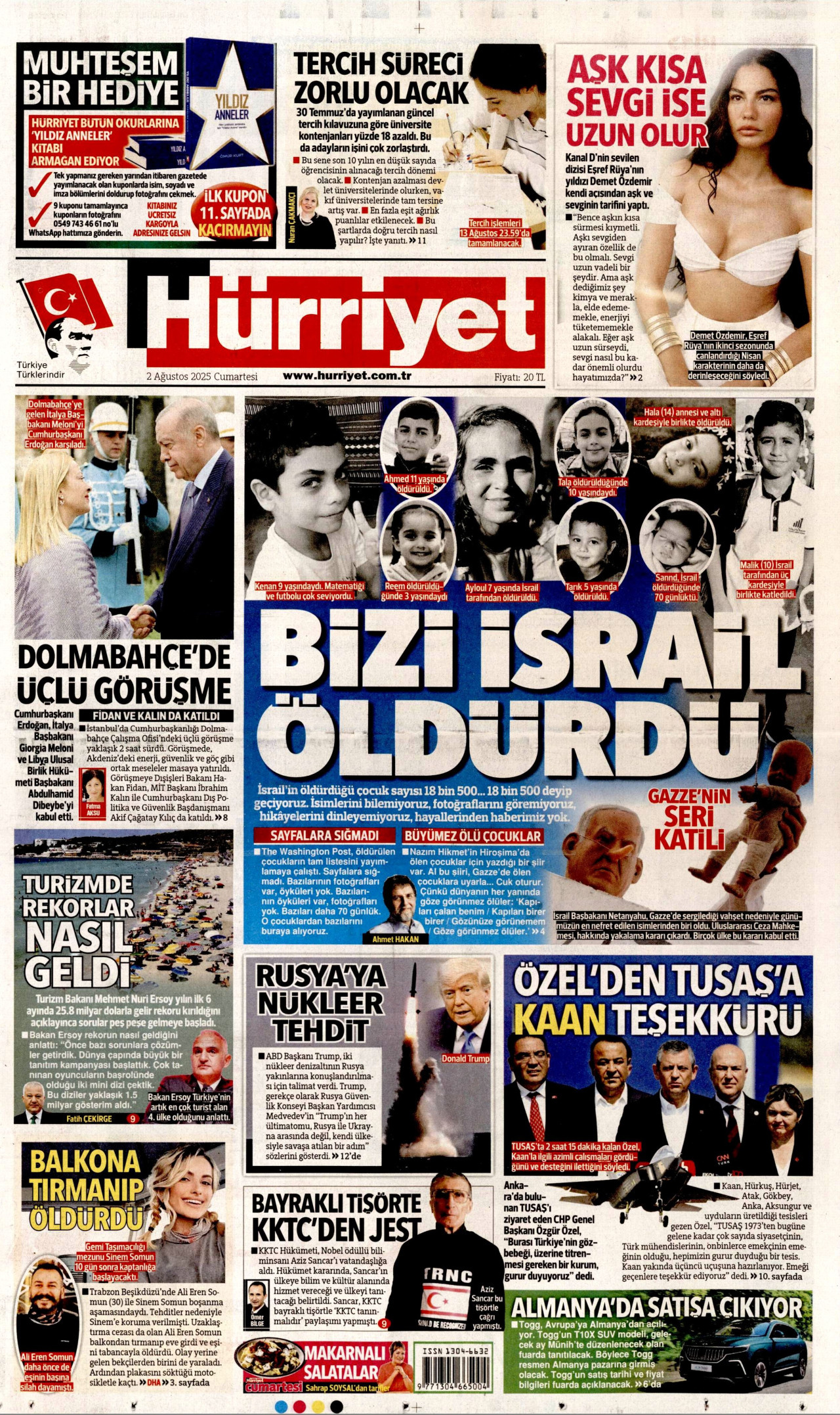 HÜRRİYET gazetesinin 2 Ağustos 2025 tarihli birinci sayfası