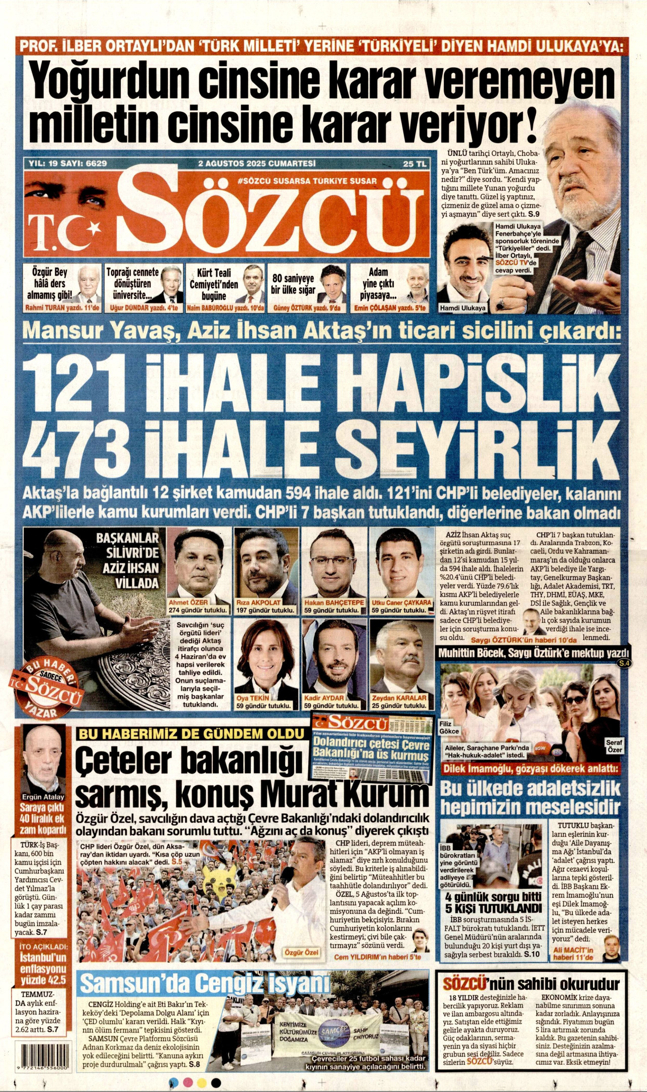 SÖZCÜ gazetesinin 2 Ağustos 2025 tarihli birinci sayfası