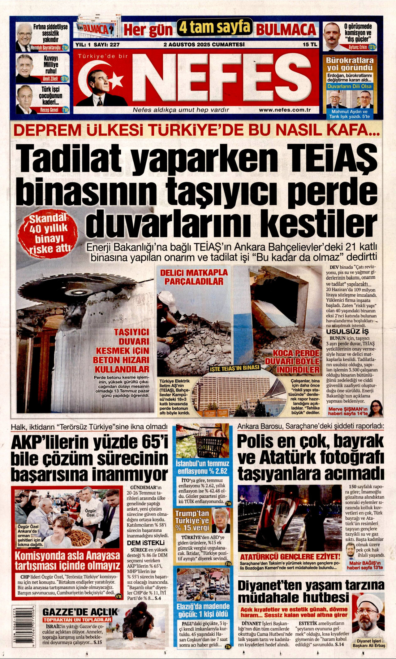 NEFES gazetesinin 2 Ağustos 2025 tarihli birinci sayfası