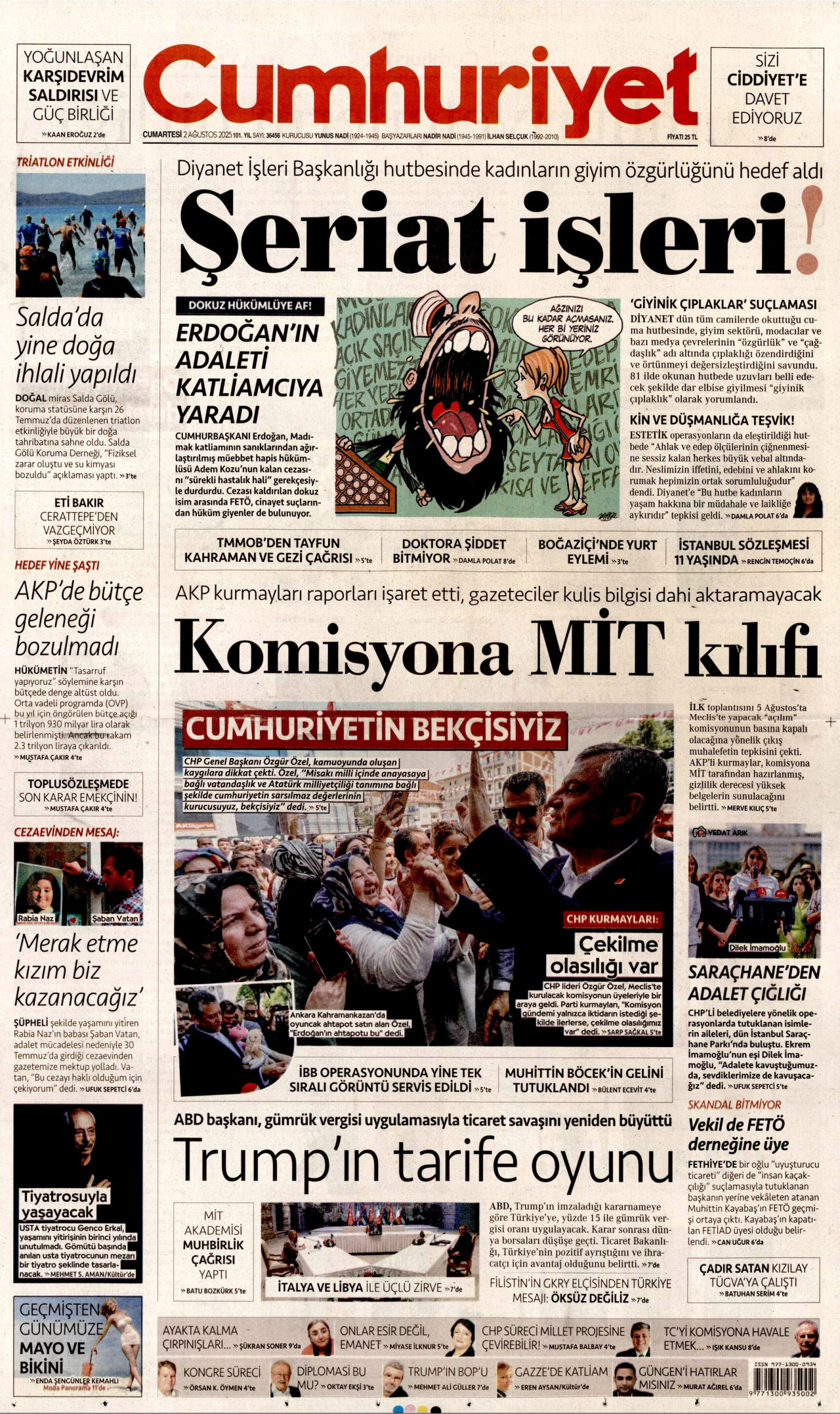 CUMHURİYET gazetesinin 2 Ağustos 2025 tarihli birinci sayfası