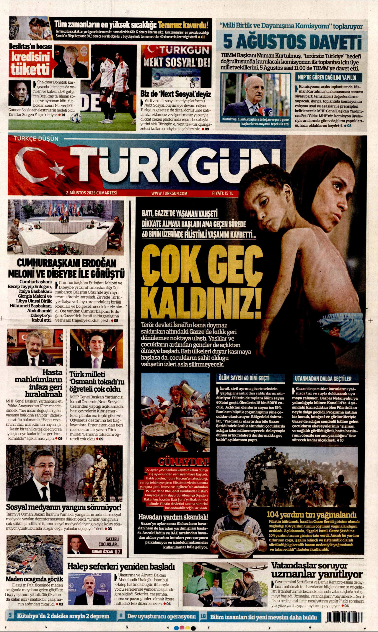 TÜRKGÜN gazetesinin 2 Ağustos 2025 tarihli birinci sayfası