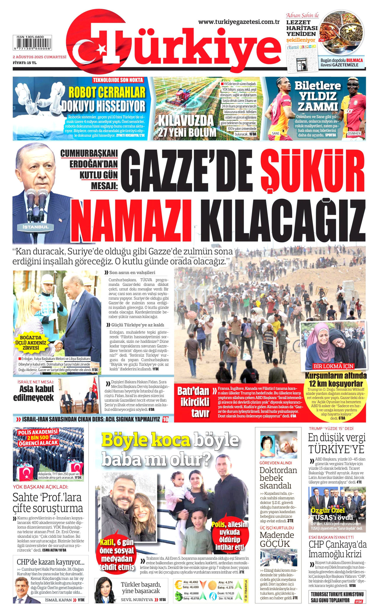 TÜRKİYE GAZETESİ gazetesinin 2 Ağustos 2025 tarihli birinci sayfası