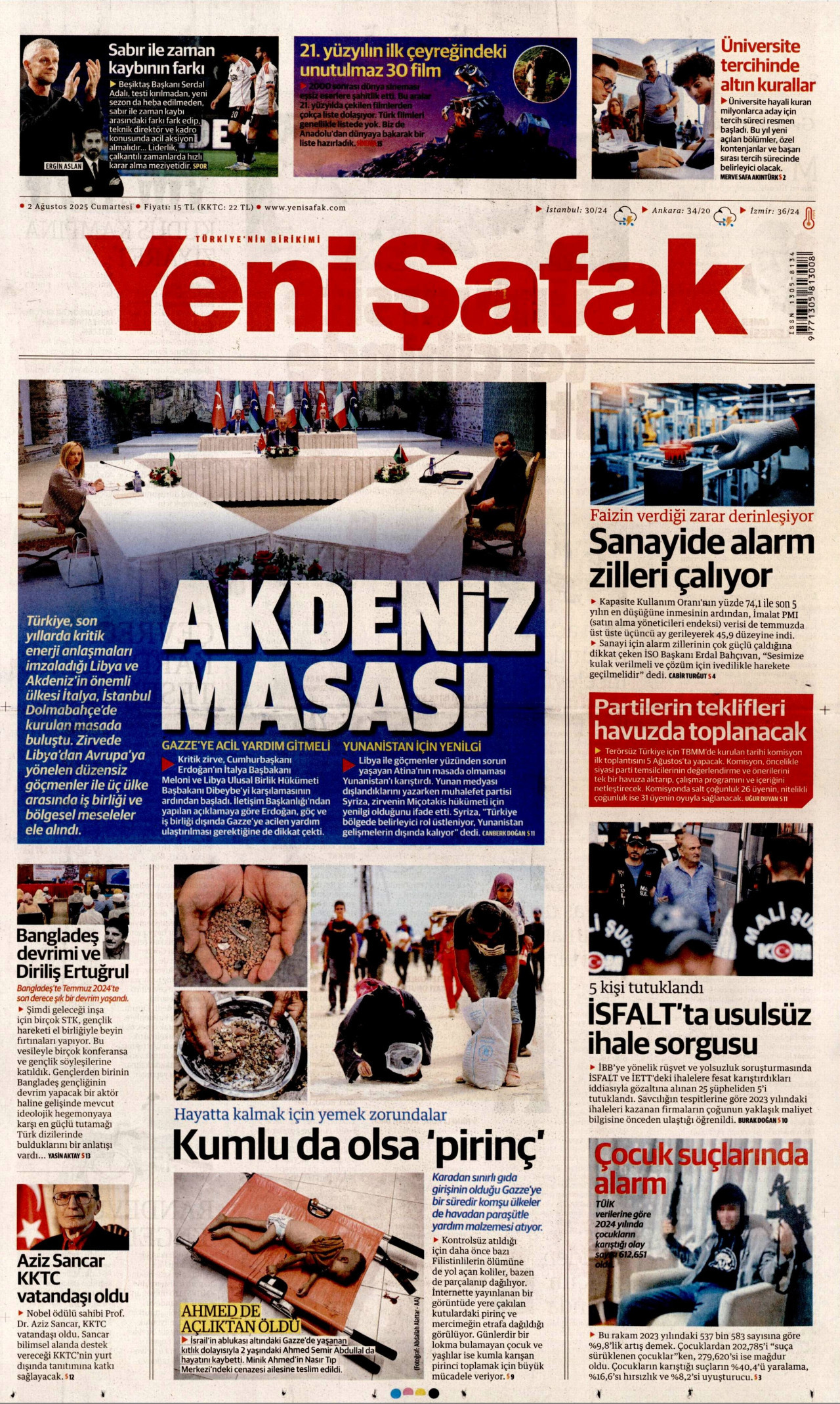YENİ ŞAFAK gazetesinin 2 Ağustos 2025 tarihli birinci sayfası