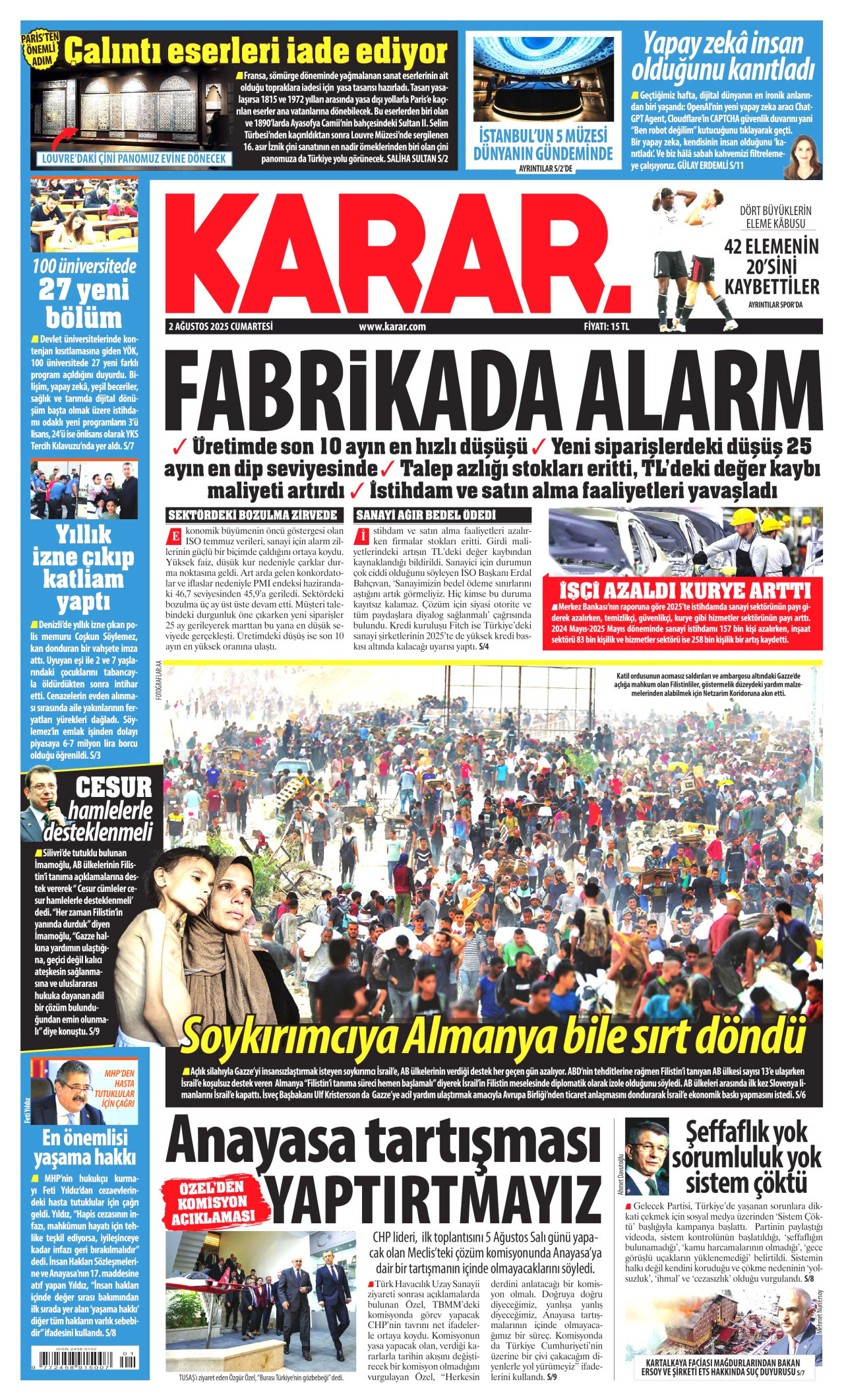 KARAR gazetesinin 2 Ağustos 2025 tarihli birinci sayfası