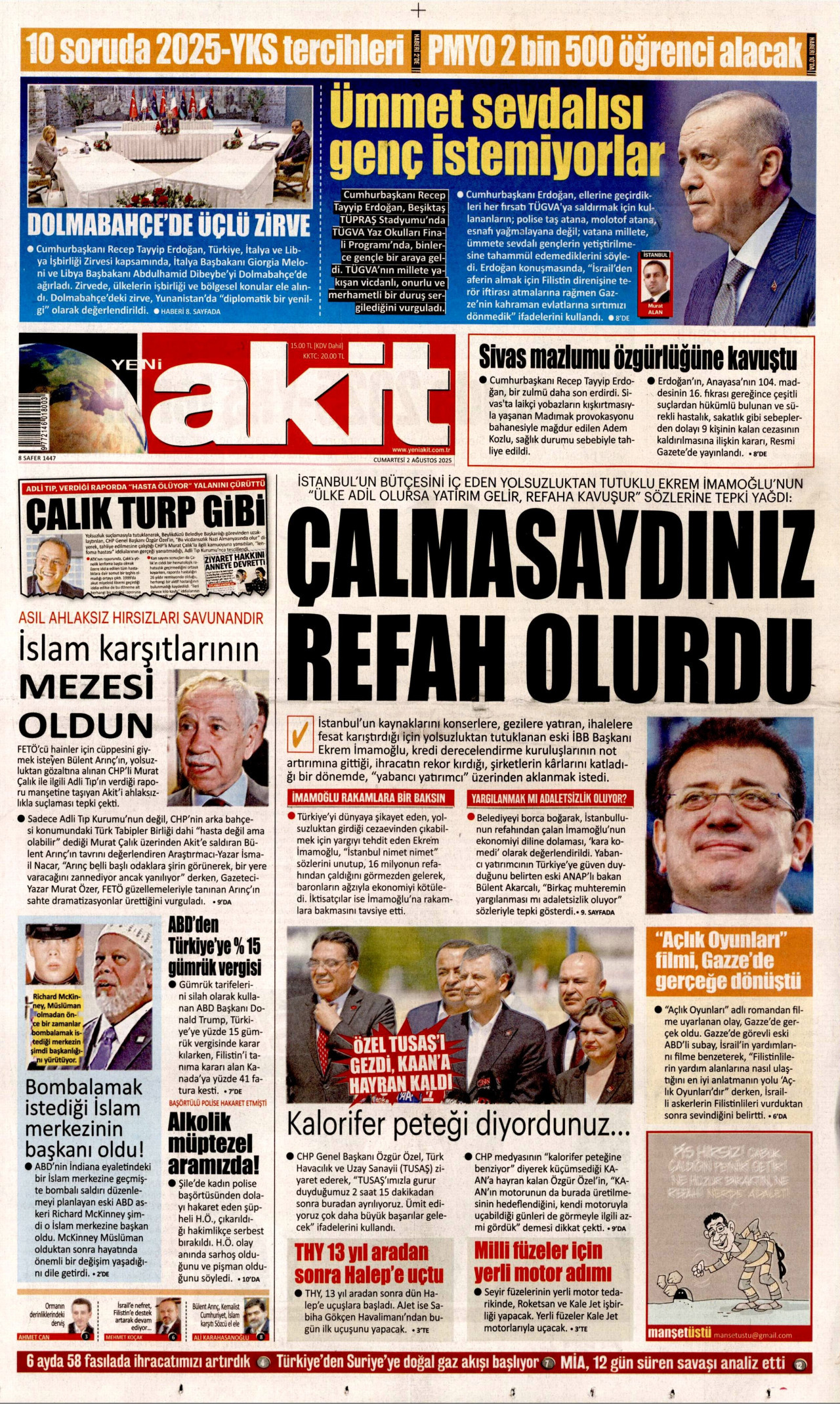 YENİ AKİT gazetesinin 2 Ağustos 2025 tarihli birinci sayfası
