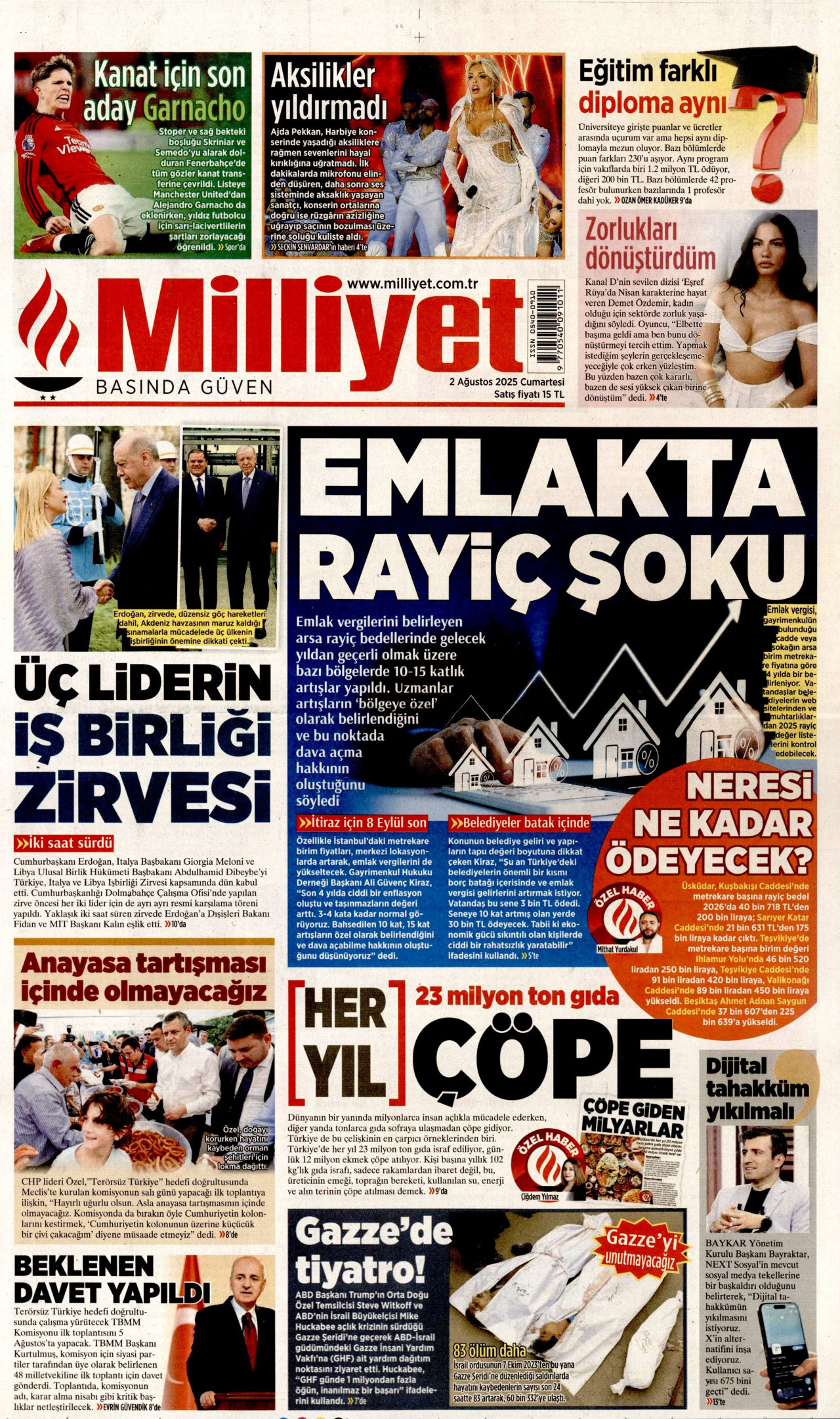 MİLLİYET gazetesinin 2 Ağustos 2025 tarihli birinci sayfası