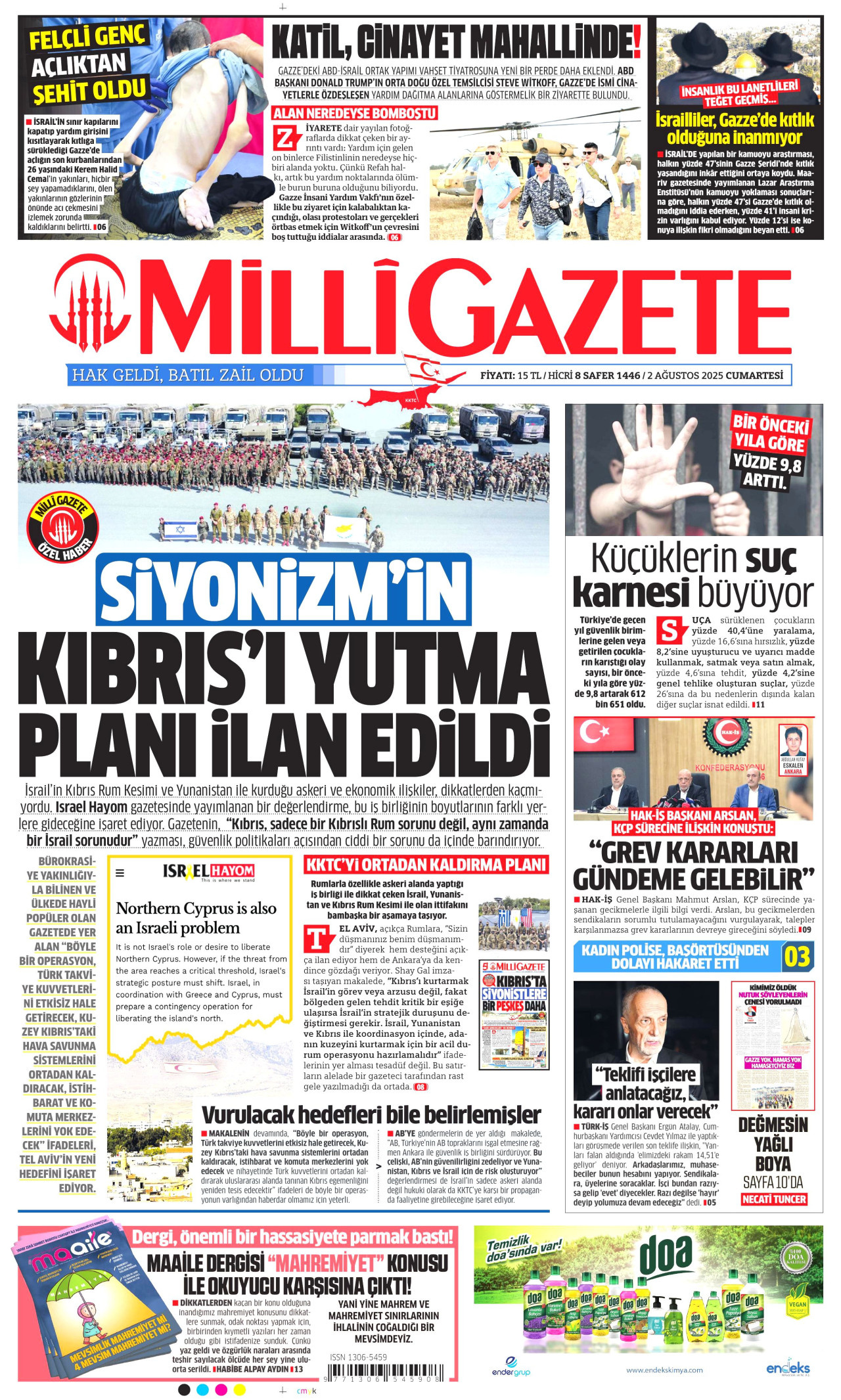 MİLLİ GAZETE gazetesinin 2 Ağustos 2025 tarihli birinci sayfası