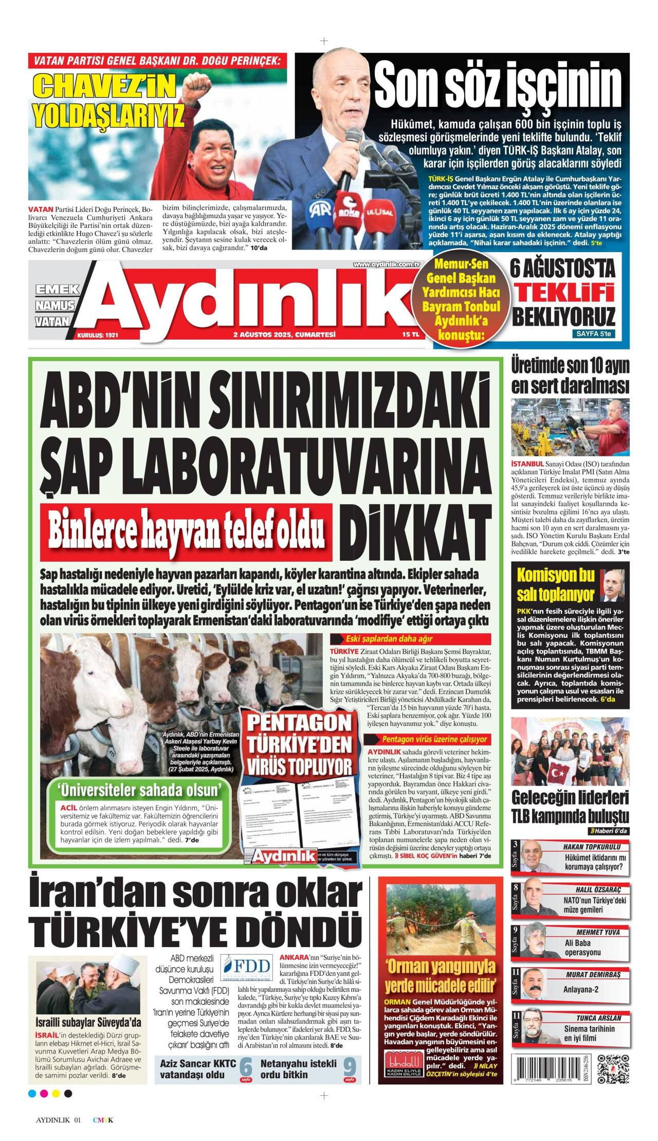 AYDINLIK GAZETESİ gazetesinin 2 Ağustos 2025 tarihli birinci sayfası